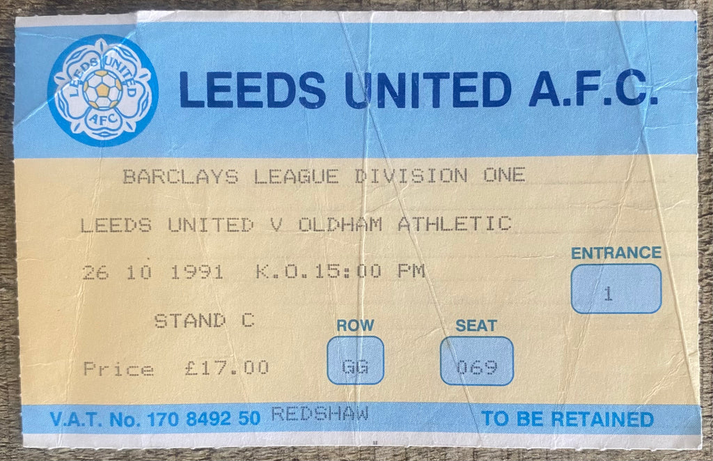 1991/92 ORIGINAL DIVISION 1 TICKET LEEDS UNITED V OLDHAM ATHLETIC