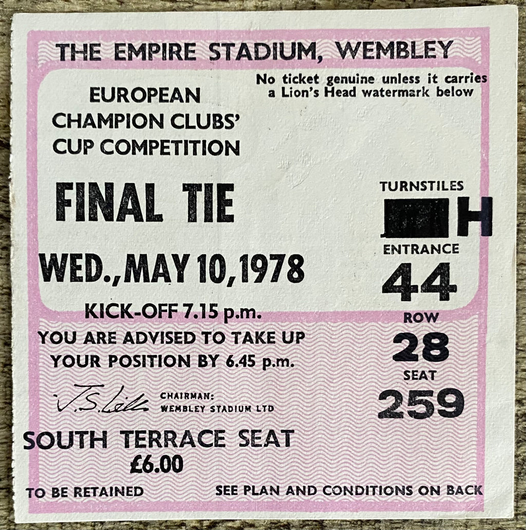 1978 ORIGINAL EUROPEAN CUP FINAL TICKET LIVERPOOL V FC BRUGES @ WEMBLEY