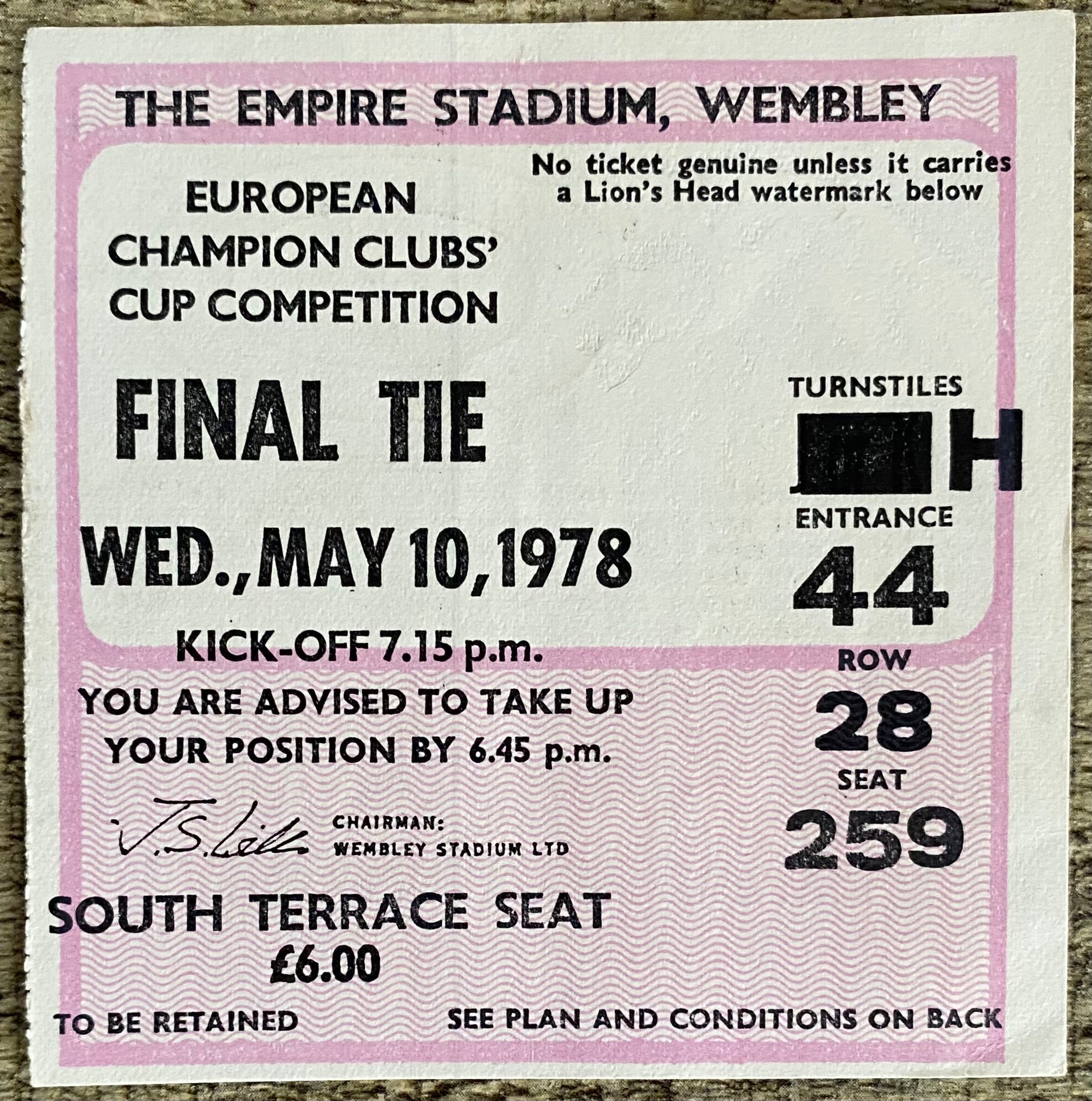 1978 ORIGINAL EUROPEAN CUP FINAL TICKET LIVERPOOL V FC BRUGES @ WEMBLEY