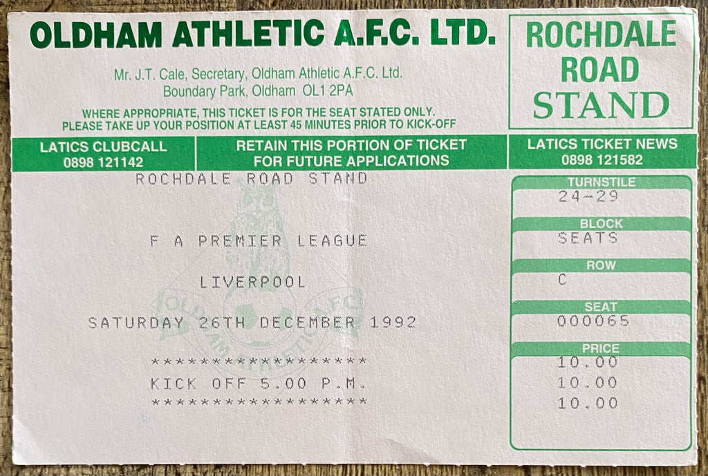 1992/93 ORIGINAL FA PREMIER LEAGUE TICKET OLDHAM ATHLETIC V LIVERPOOL