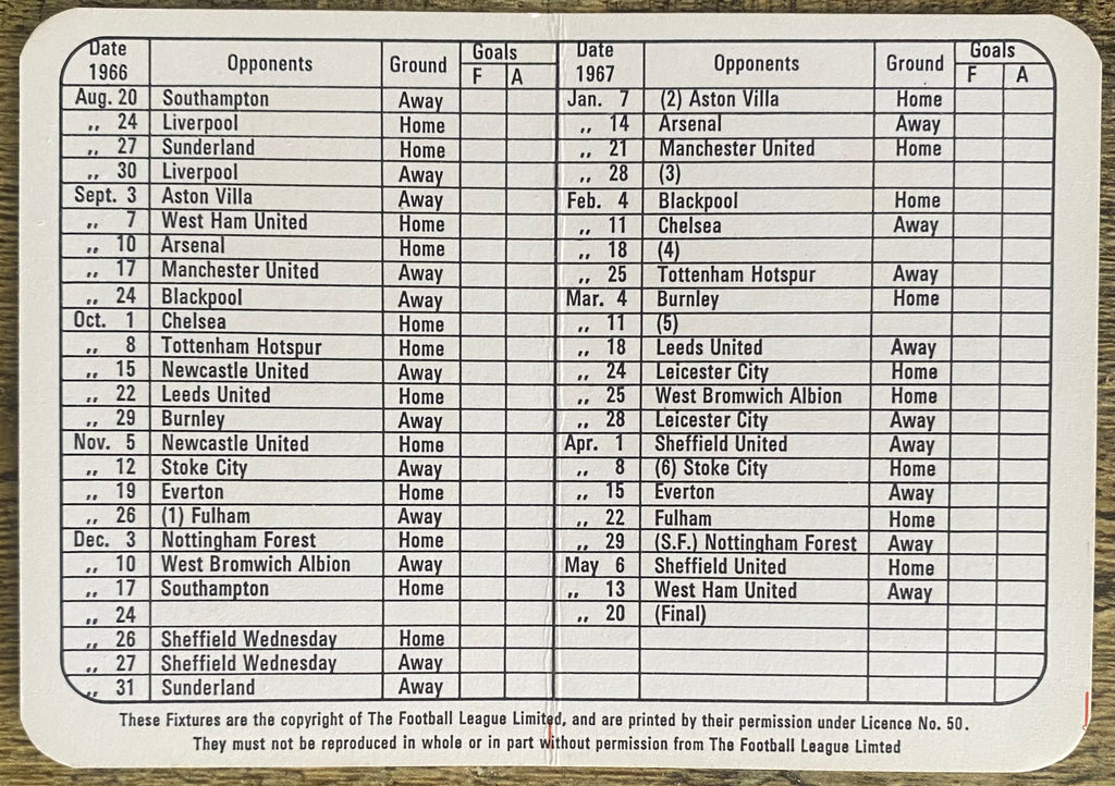 1966/67 ORIGINAL BRITISH EUROPEAN AIRWAYS FIXTURE LIST FOR MANCHESTER CITY