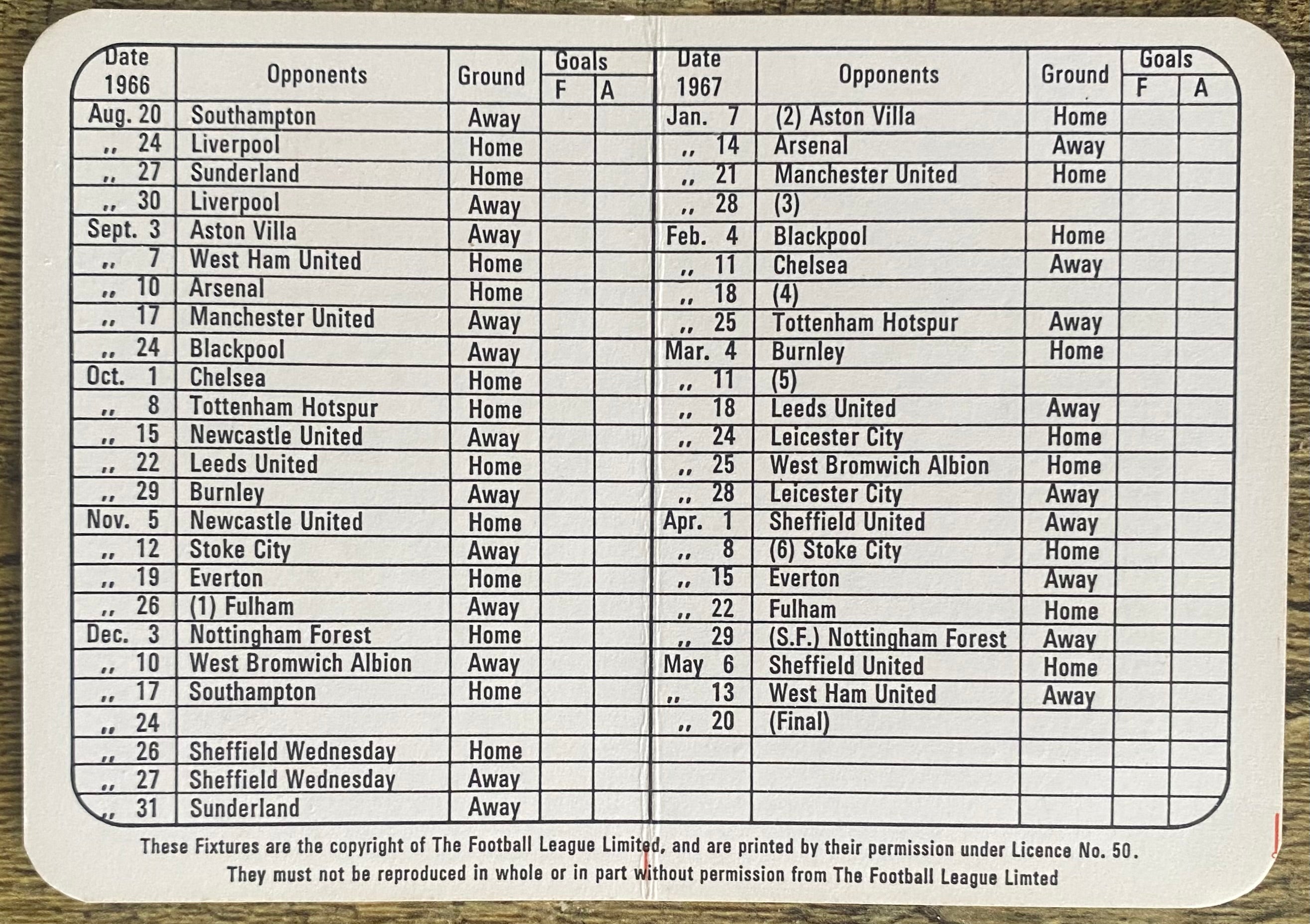 1966/67 ORIGINAL BRITISH EUROPEAN AIRWAYS FIXTURE LIST FOR MANCHESTER CITY