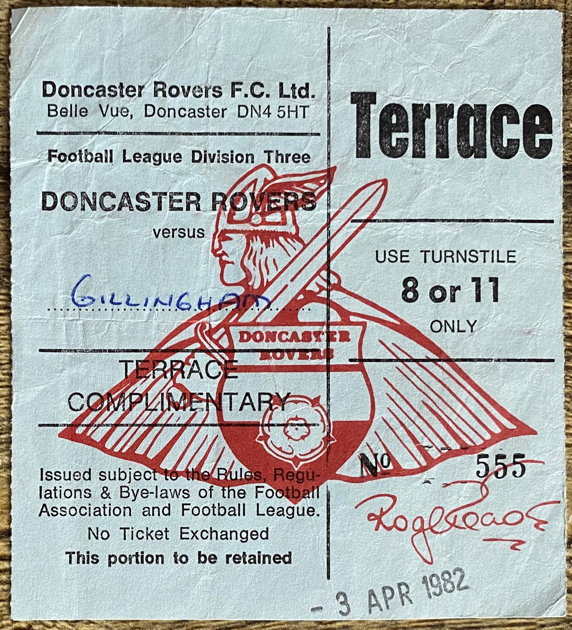 1981/82 ORIGINAL DIVISION 3 TICKET DONCASTER ROVERS V GILLINGHAM