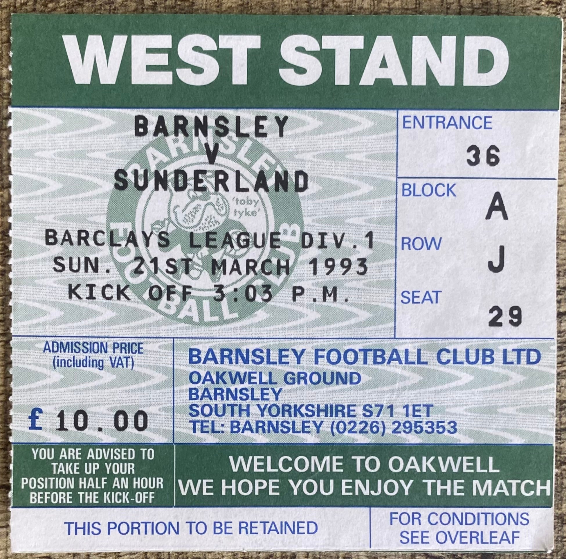 1992/93 ORIGINAL DIVISION 1 TICKET BARNSLEY V SUNDERLAND