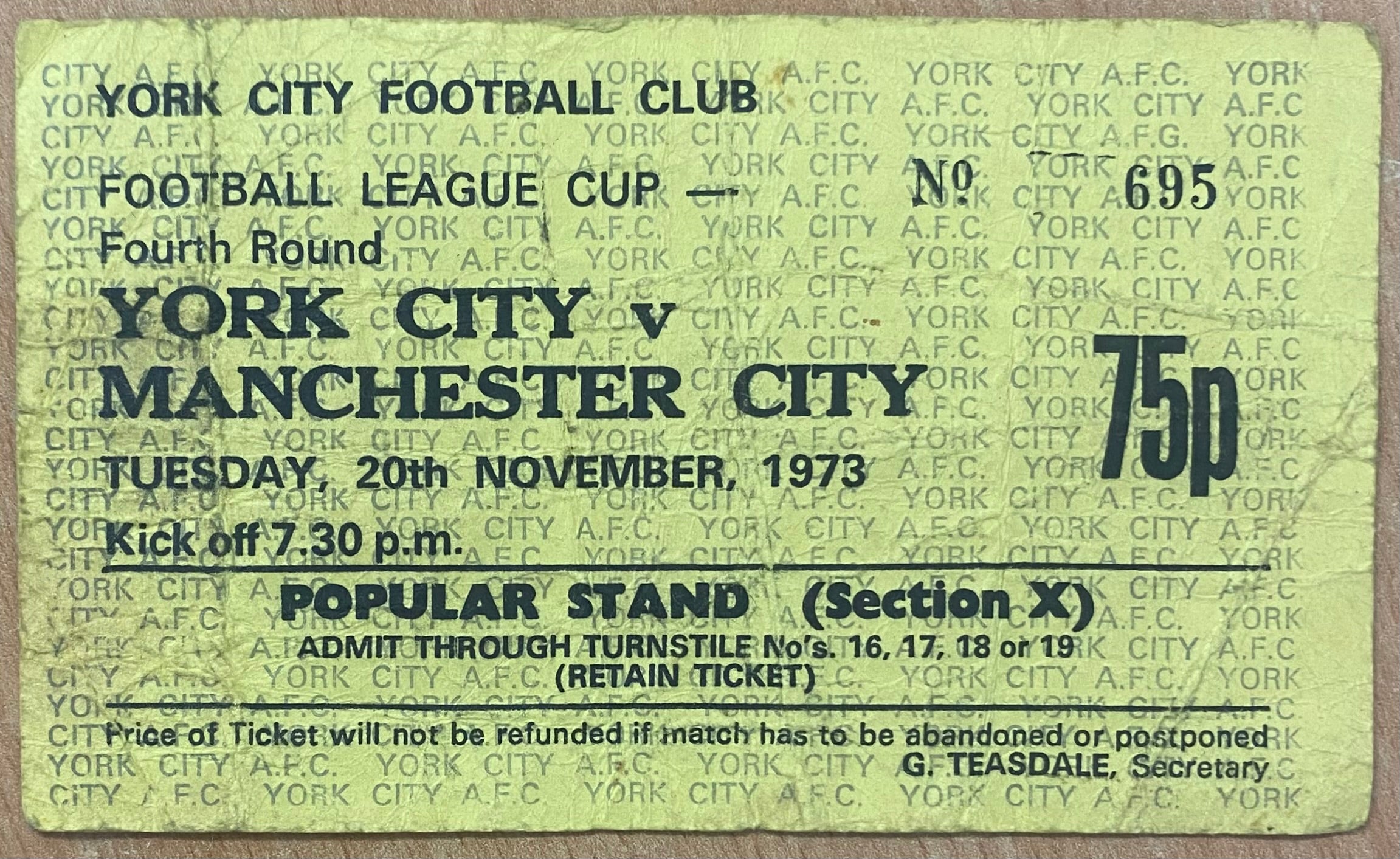 1973/74 ORIGINAL LEAGUE CUP 4TH ROUND TICKET YORK CITY V MANCHESTER CITY