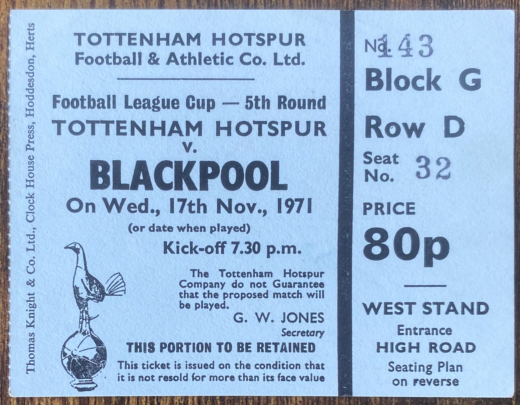 1971/72 ORIGINAL LEAGUE CUP 5TH ROUND TICKET TOTTENHAM HOTSPUR V BLACKPOOL
