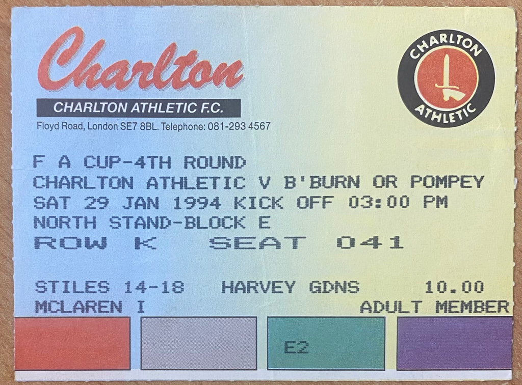 1993/94 ORIGINAL FA CUP 4TH ROUND TICKET CHARLTON ATHLETIC V BLACKBURN ROVERS