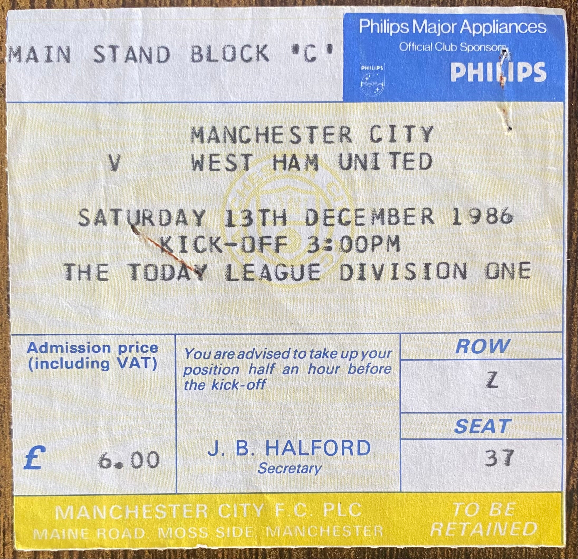 1986/87 ORIGINAL DIVISION ONE TICKET MANCHESTER CITY V WEST HAM UNITED