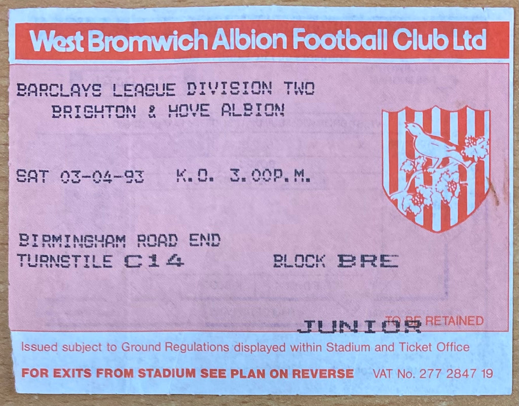 1992/93 ORIGINAL DIVISION 2 TICKET WEST BROMWICH ALBION V BRIGHTON AND HOVE ALBION