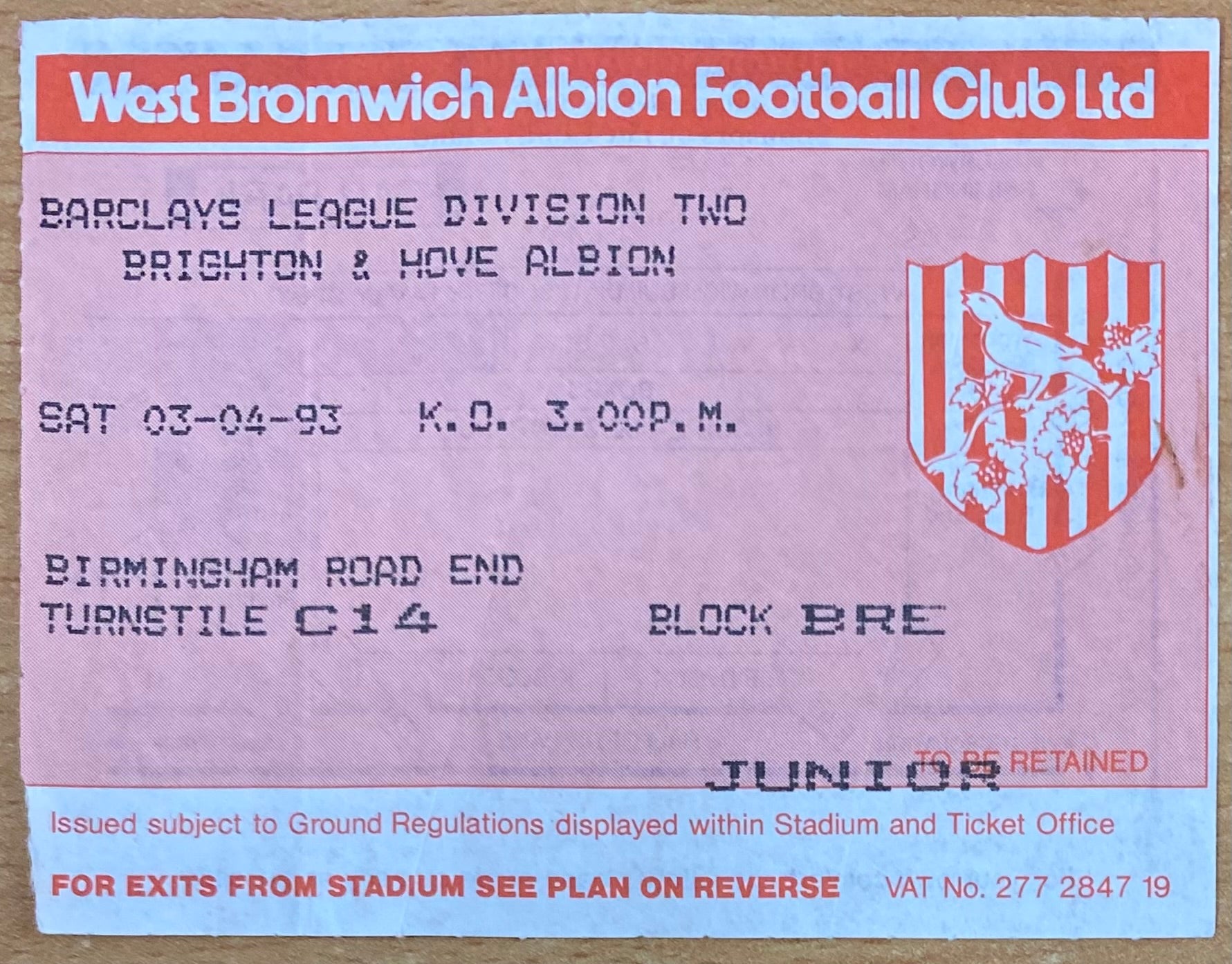 1992/93 ORIGINAL DIVISION 2 TICKET WEST BROMWICH ALBION V BRIGHTON AND HOVE ALBION