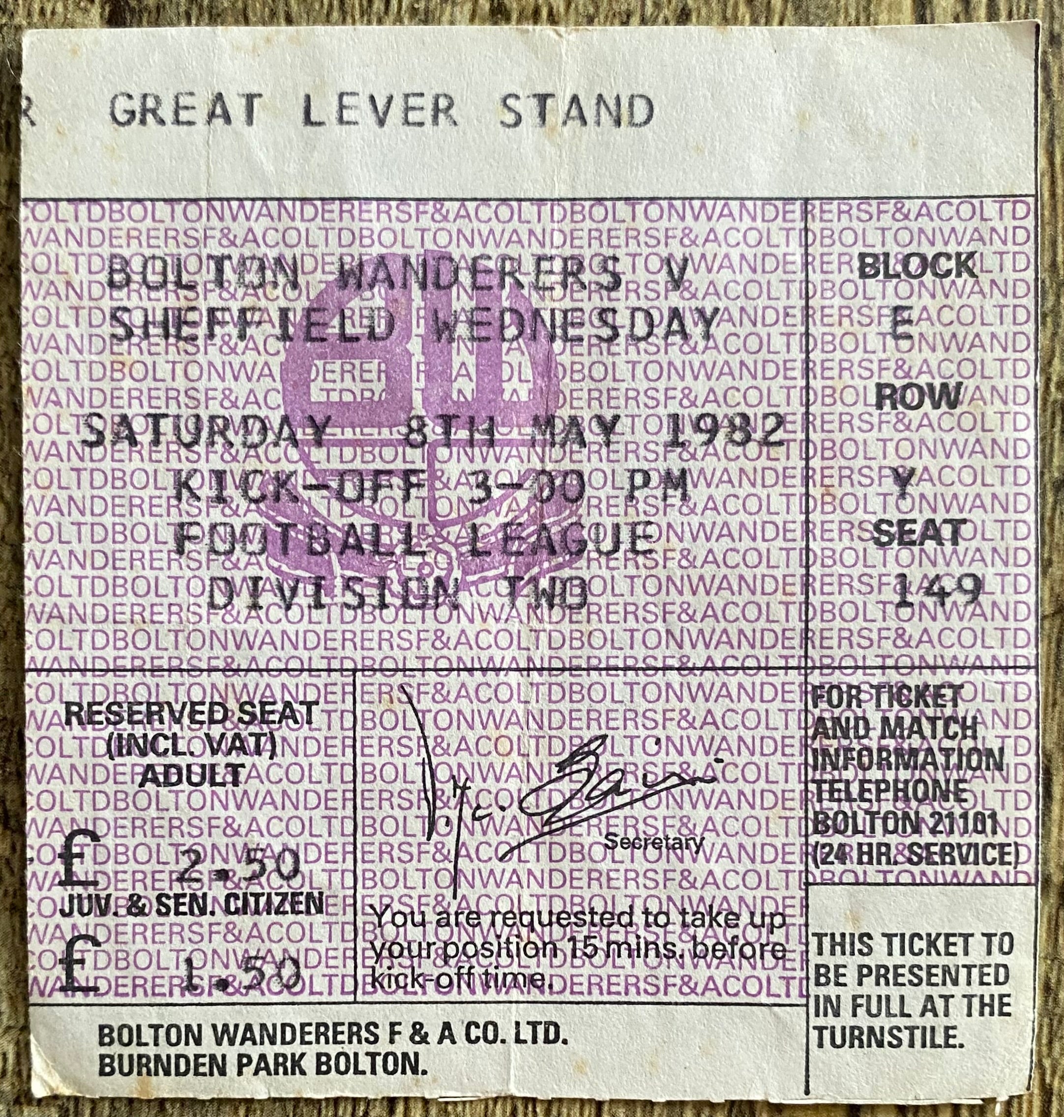 1981/82 ORIGINAL DIVISION 2 TICKET BOLTON WANDERERS V SHEFFIELD WEDNESDAY