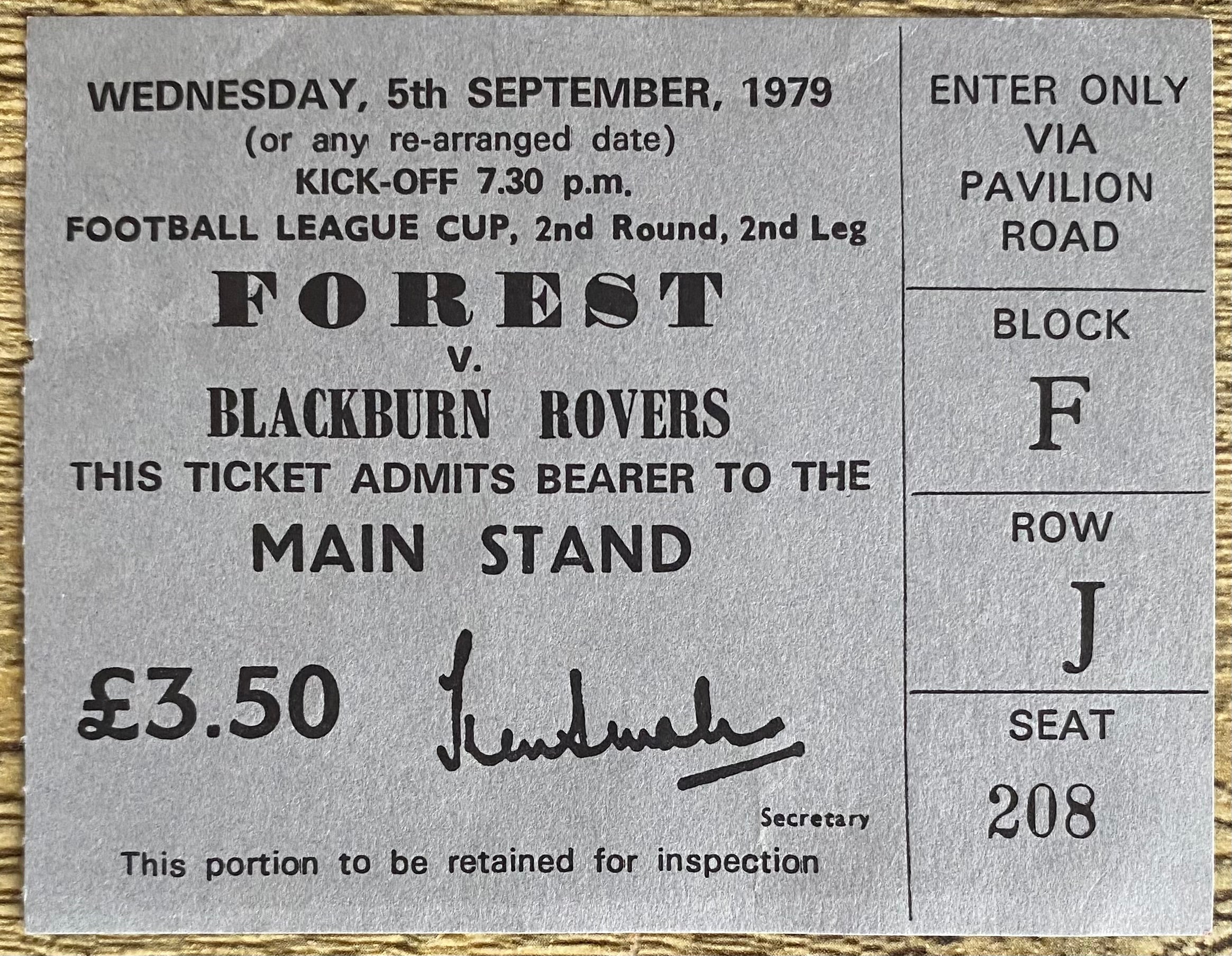 1979/80 ORIGINAL LEAGUE CUP 2ND ROUND 2ND LEG TICKET NOTTINGHAM FOREST V BLACKBURN ROVERS
