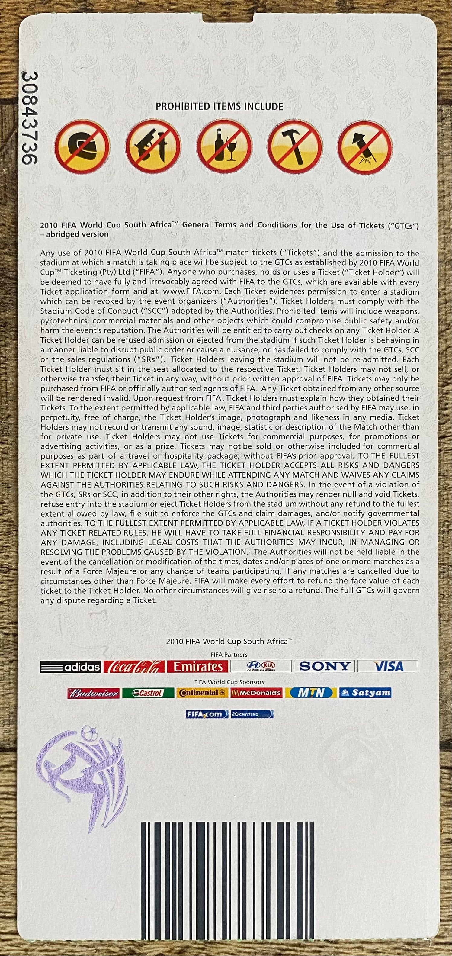 2010 ORIGINAL WORLD CUP 1ST ROUND TICKET CHILE V SPAIN @ PRETORIA