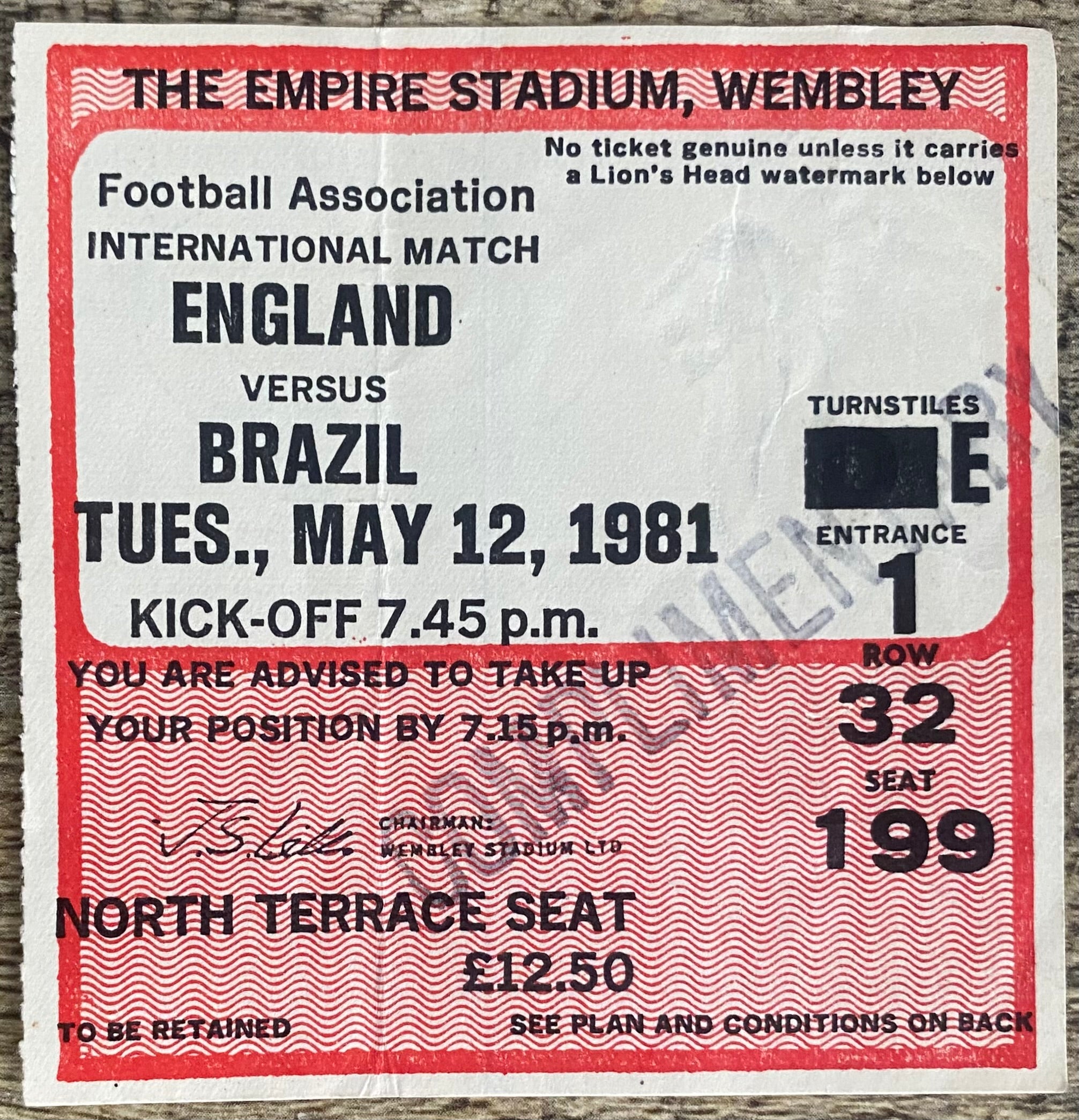 1981 ORIGINAL INTERNATIONAL TICKET ENGLAND V BRAZIL