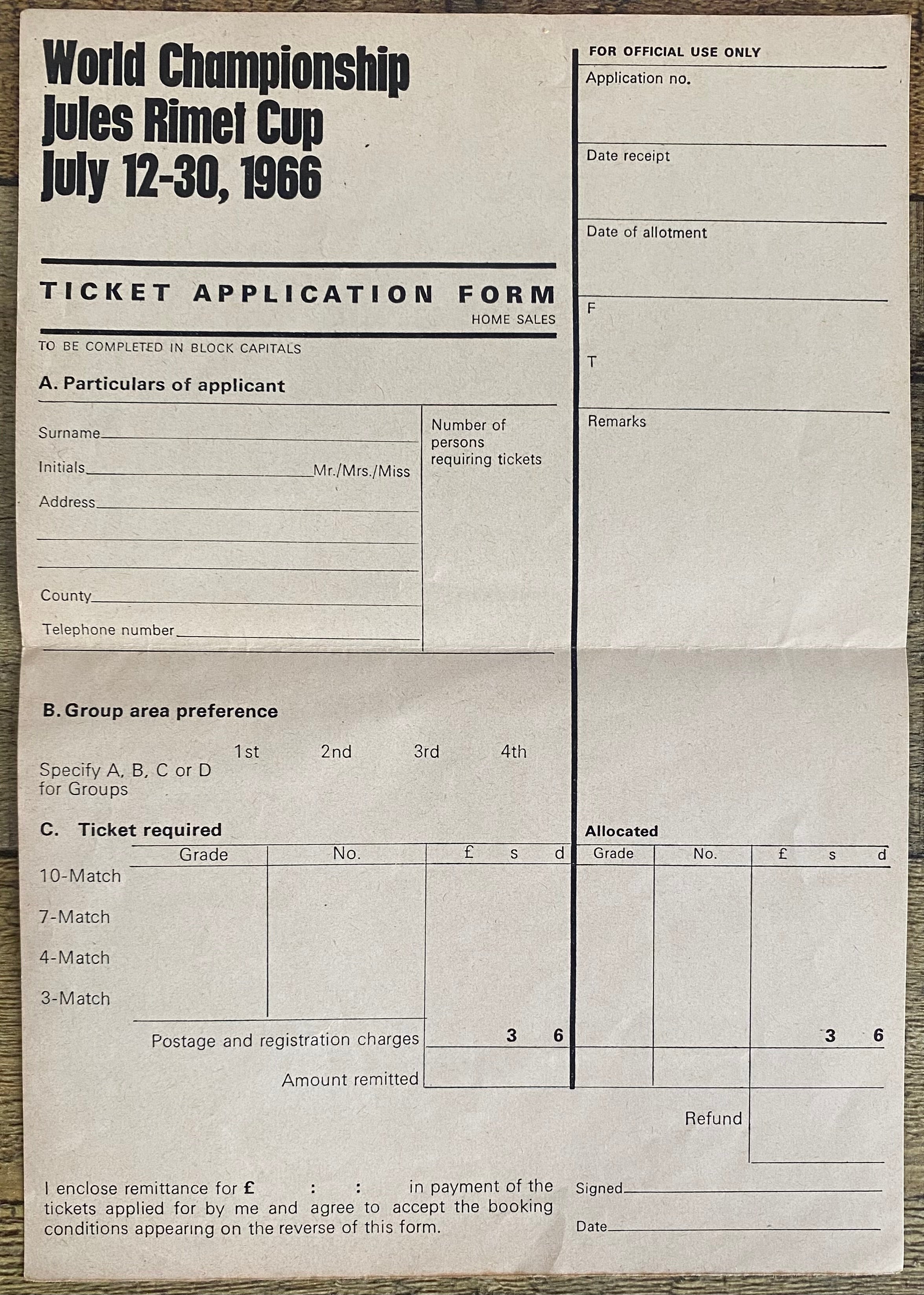 1966 WORLD CUP ORIGINAL OFFICIAL TICKET APPLICATION FORM
