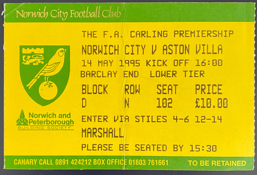1994/95 ORIGINAL FA PREMIERSHIP TICKET NORWICH CITY V ASTON VILLA