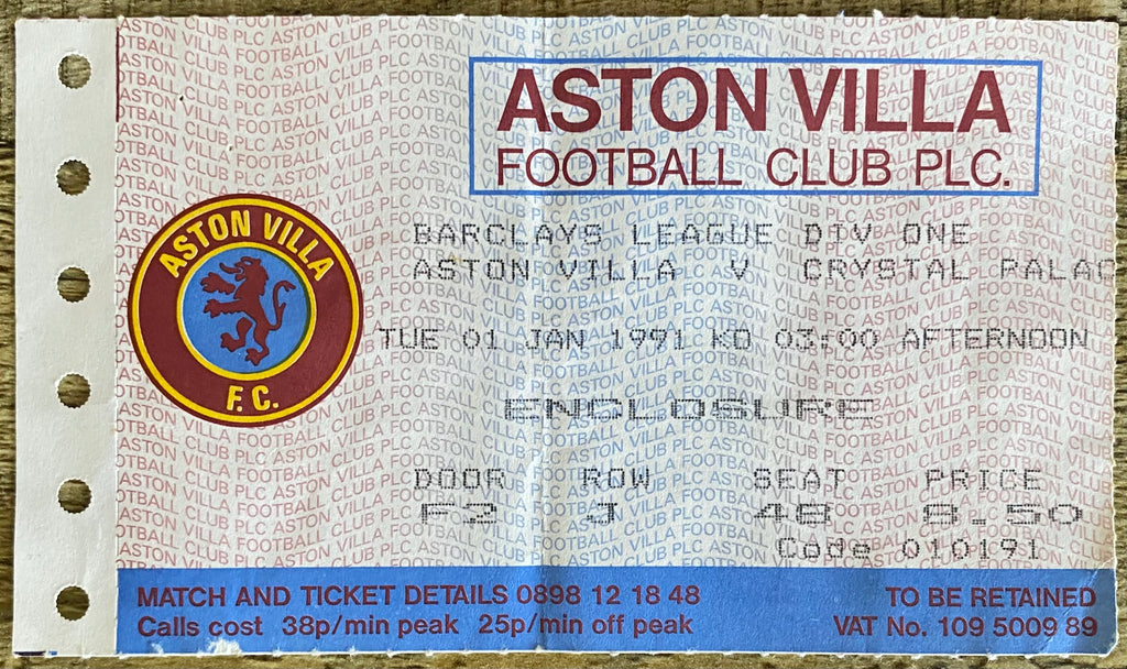 1990/91 ORIGINAL DIVISION 1 TICKET ASTON VILLA V CRYSTAL PALACE