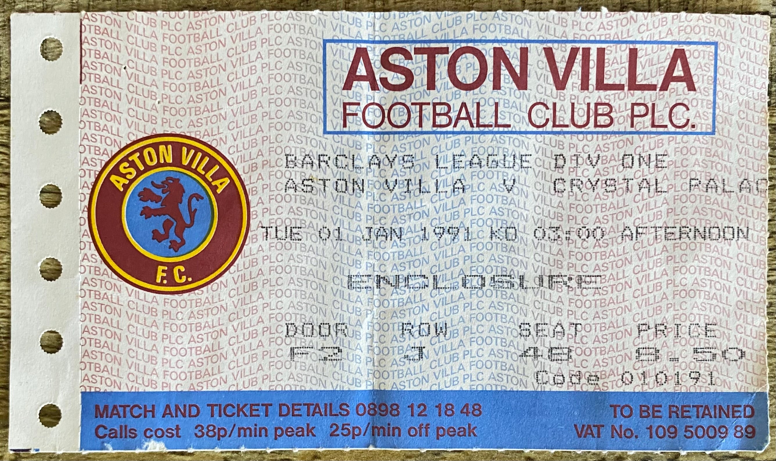 1990/91 ORIGINAL DIVISION 1 TICKET ASTON VILLA V CRYSTAL PALACE