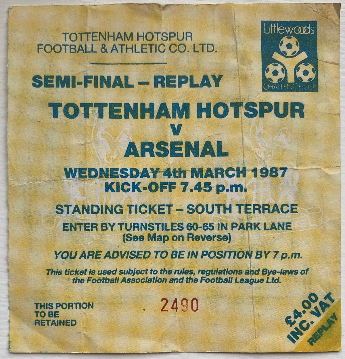 1986/87 ORIGINAL LITTLEWOODS CUP SEMI FINAL REPLAY TICKET TOTTENHAM HOTSPUR V ARSENAL