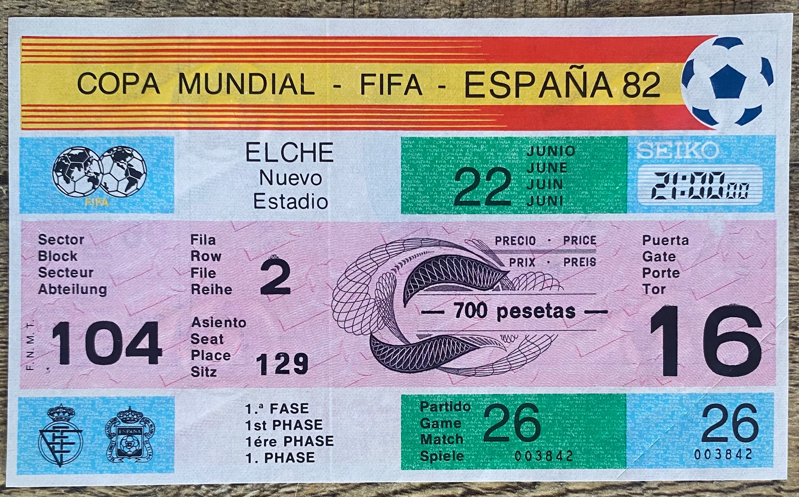 1982 ORIGINAL WORLD CUP 1ST ROUND UNUSED TICKET BELGIUM V HUNGARY @ ELCHE