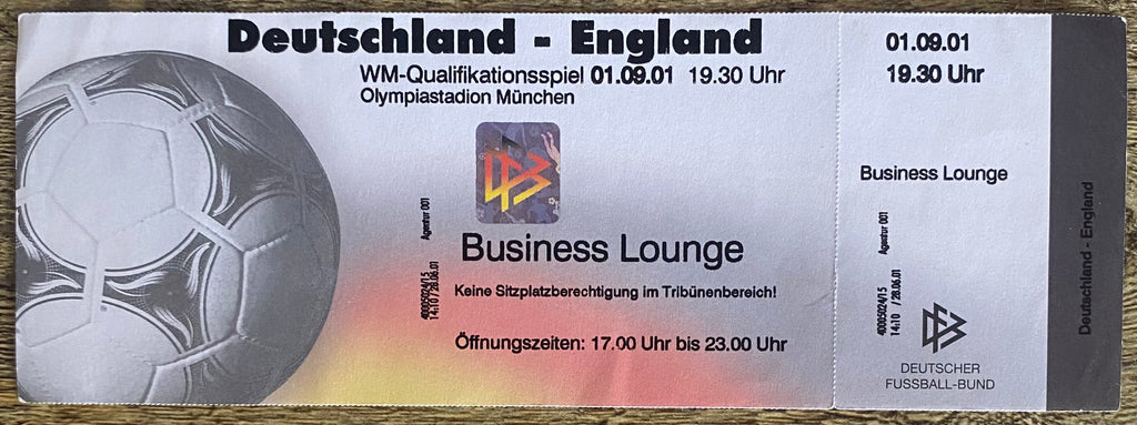 2001 ORIGINAL WORLD CUP QUALIFIER UNUSED TICKET GERMANY V ENGLAND