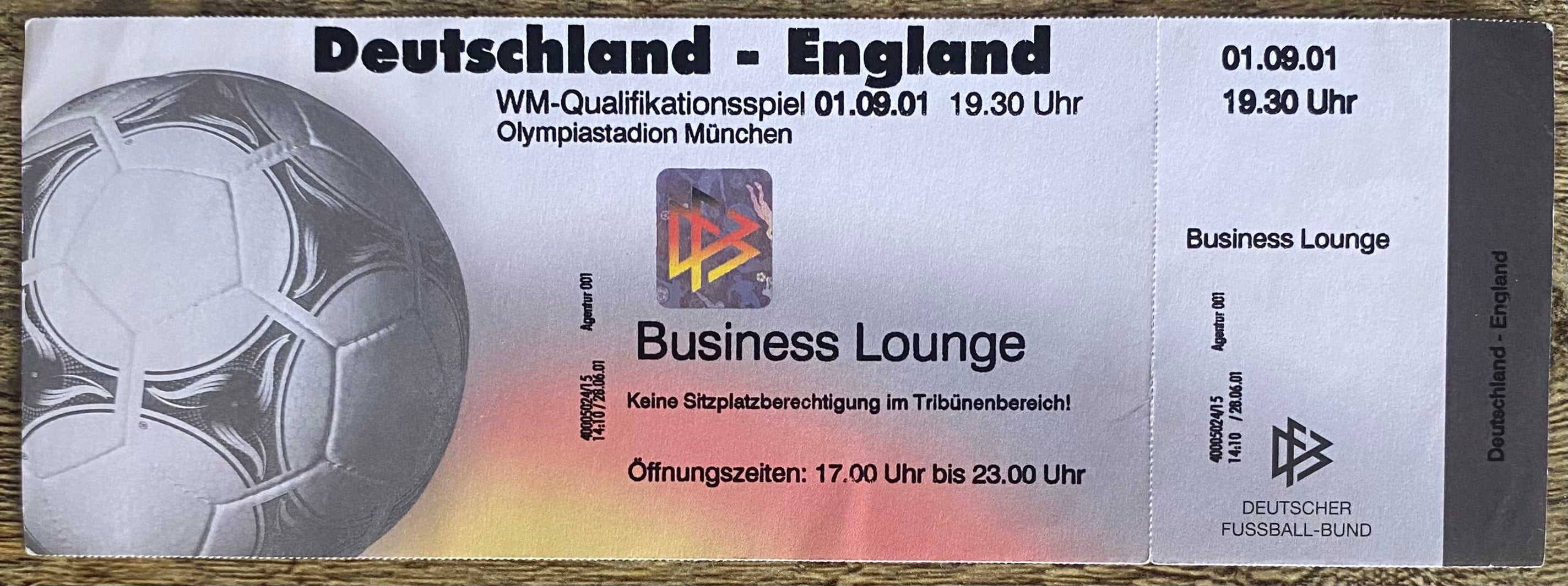 2001 ORIGINAL WORLD CUP QUALIFIER UNUSED TICKET GERMANY V ENGLAND