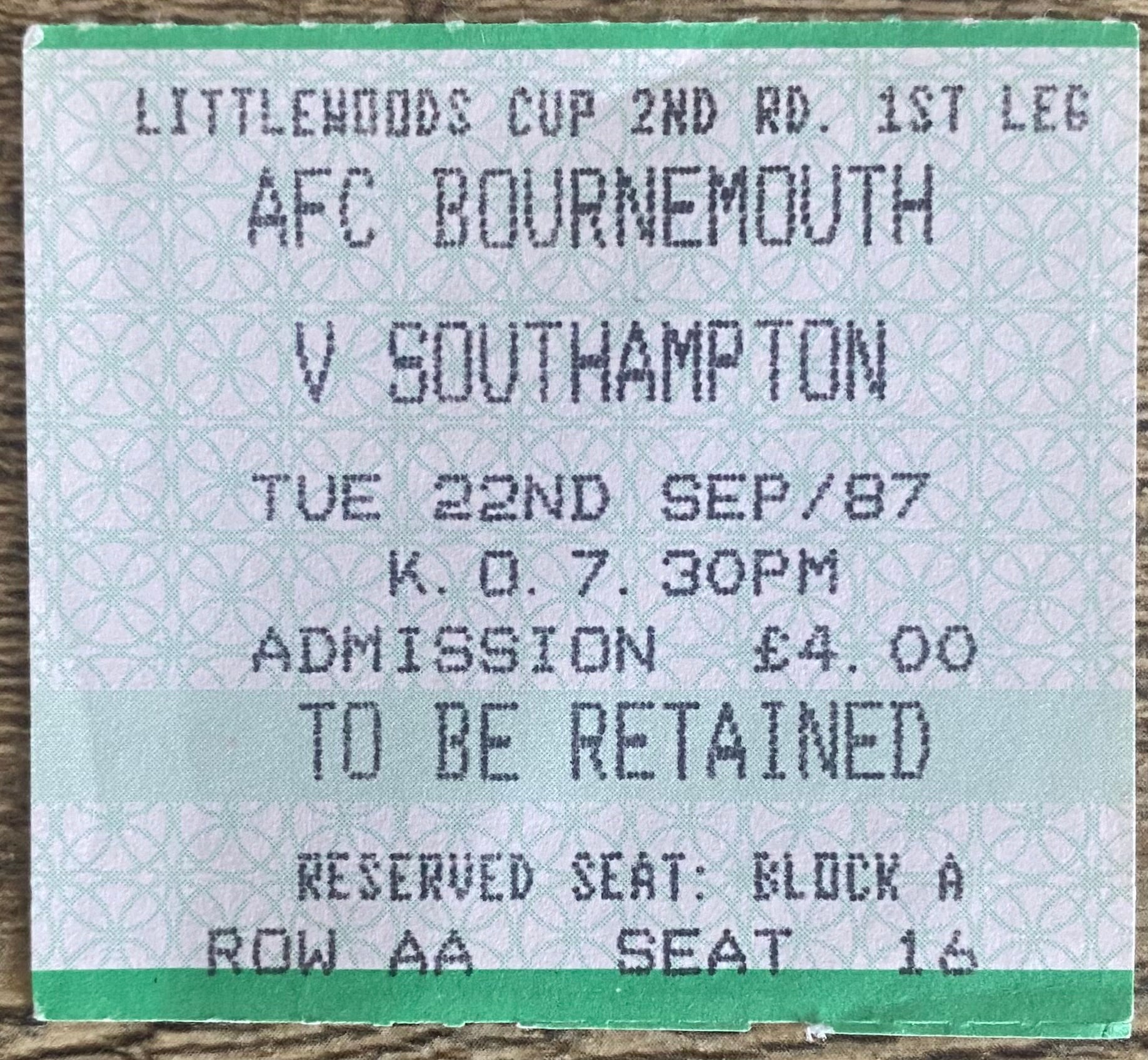 1987/88 ORIGINAL LITTLEWOODS CUP 2ND ROUND 1ST LEG TICKET AFC BOURNEMOUTH V SOUTHAMPTON