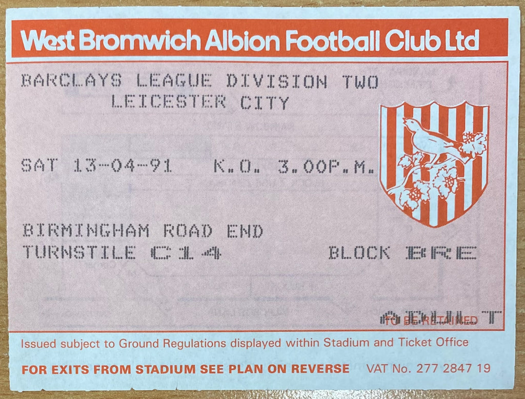 1990/91 ORIGINAL DIVISION 2 TICKET WEST BROMWICH ALBION V LEICESTER CITY