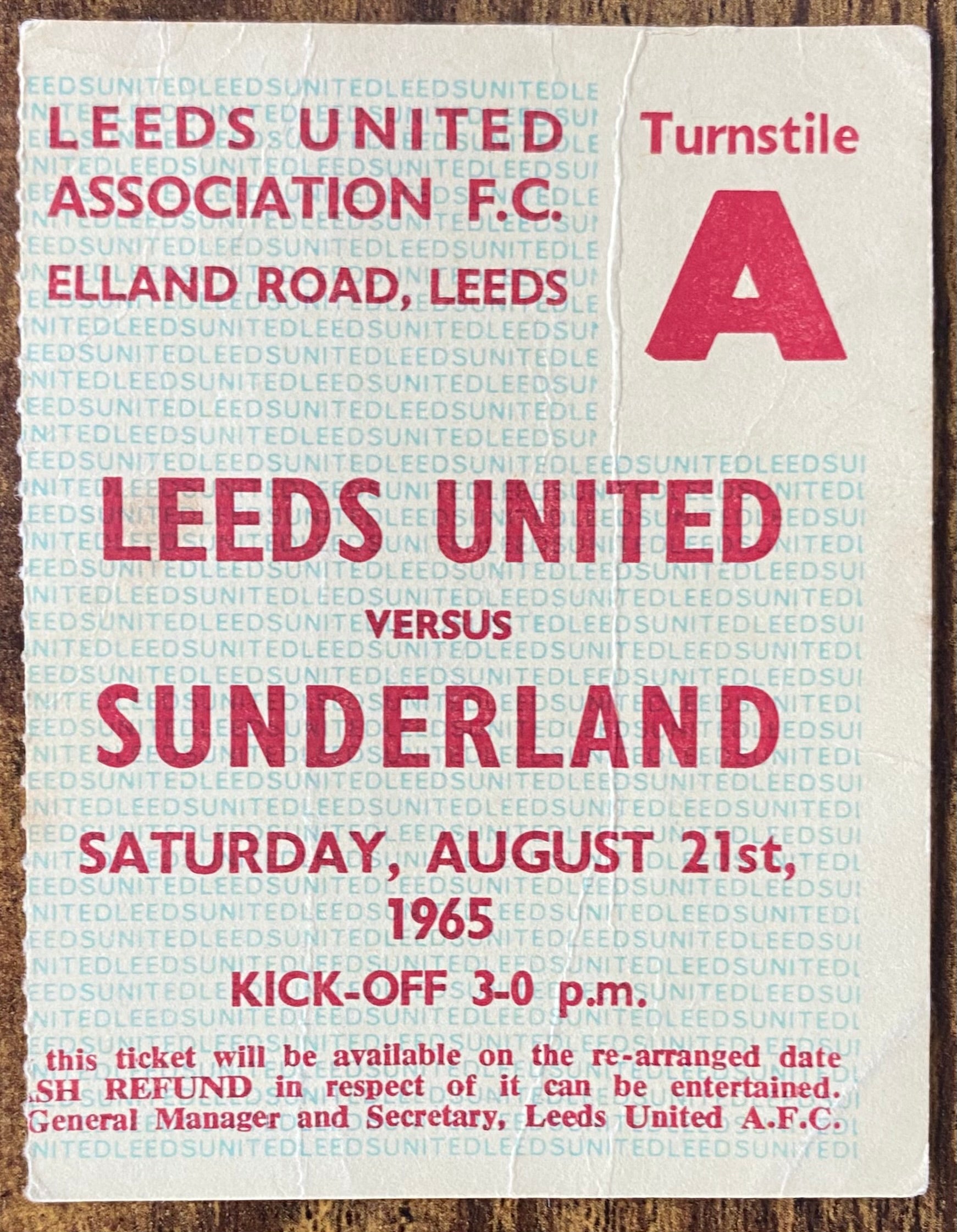 1965/66 ORIGINAL DIVISION ONE TICKET LEEDS UNITED V SUNDERLAND