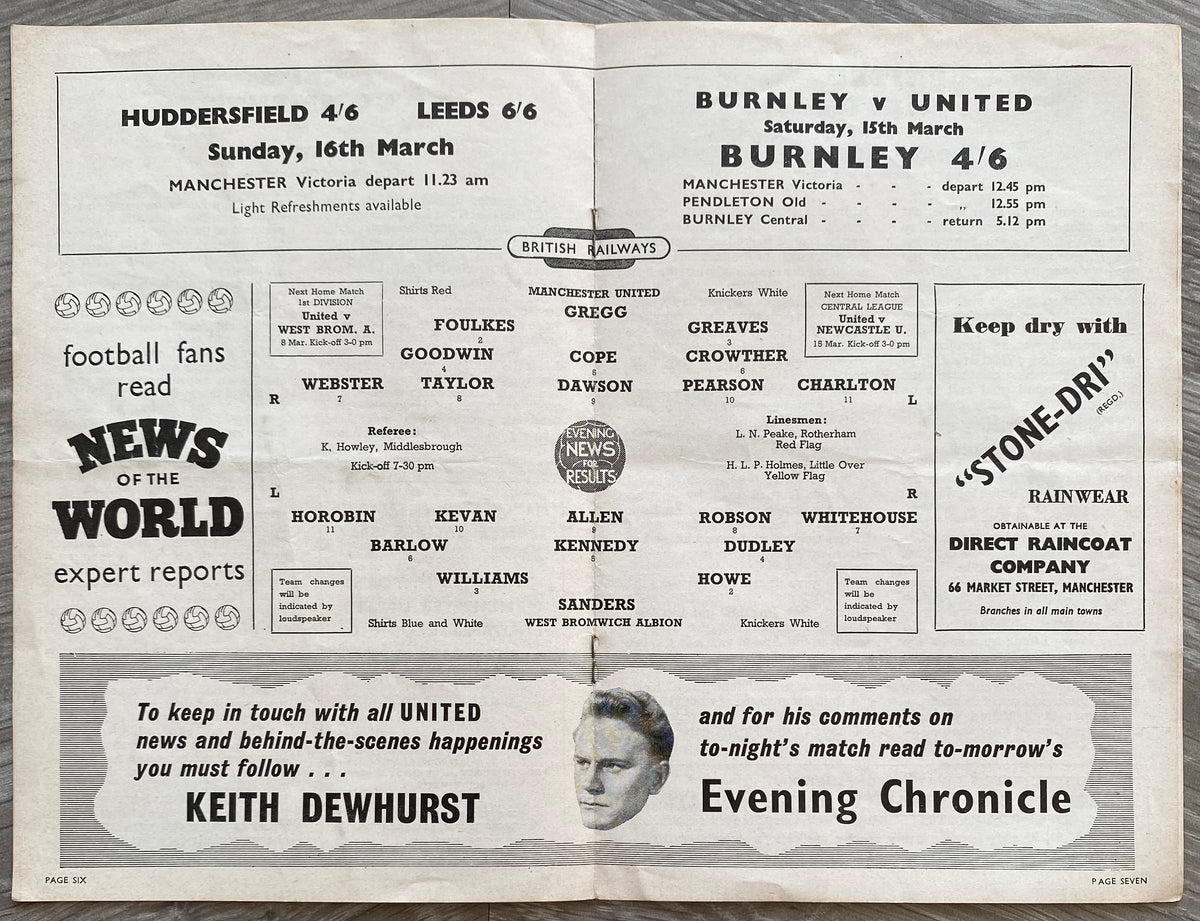 1957/58 ORIGINAL FA CUP 6TH ROUND REPLAY PROGRAMME MANCHESTER UNITED V WEST BROMWICH ALBION