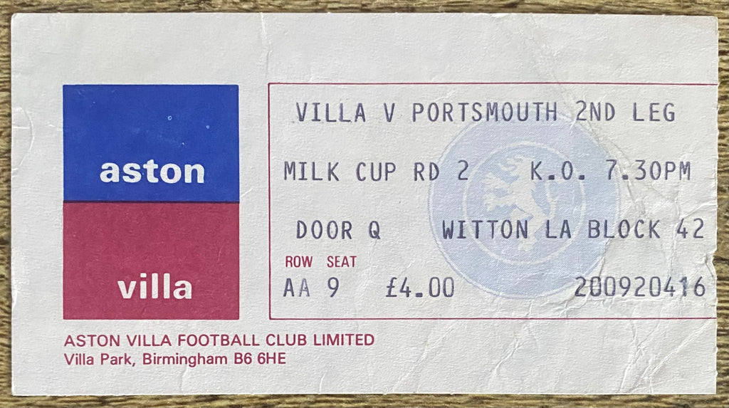 1983/84 ORIGINAL MILK CUP 2ND ROUND 2ND LEG TICKET ASTON VILLA V PORTSMOUTH