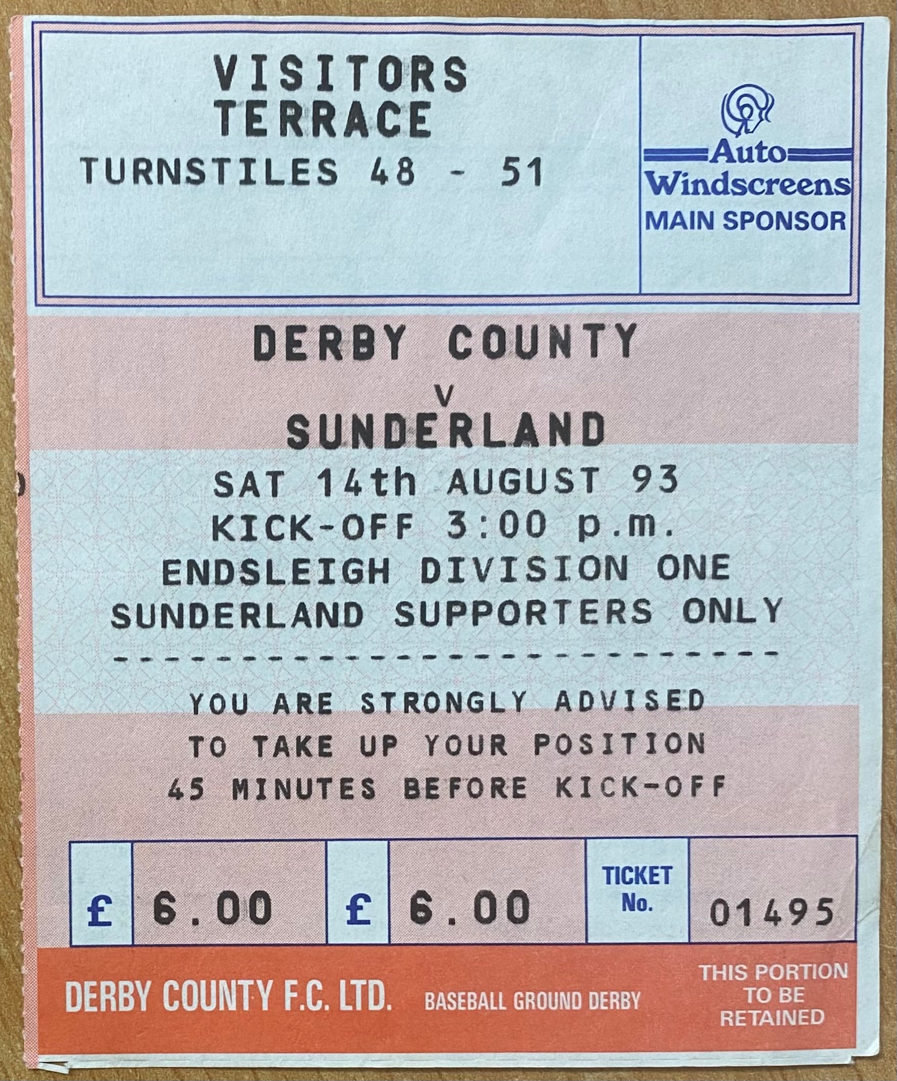 1993/94 ORIGINAL DIVISION 1 TICKET DERBY COUNTY V SUNDERLAND