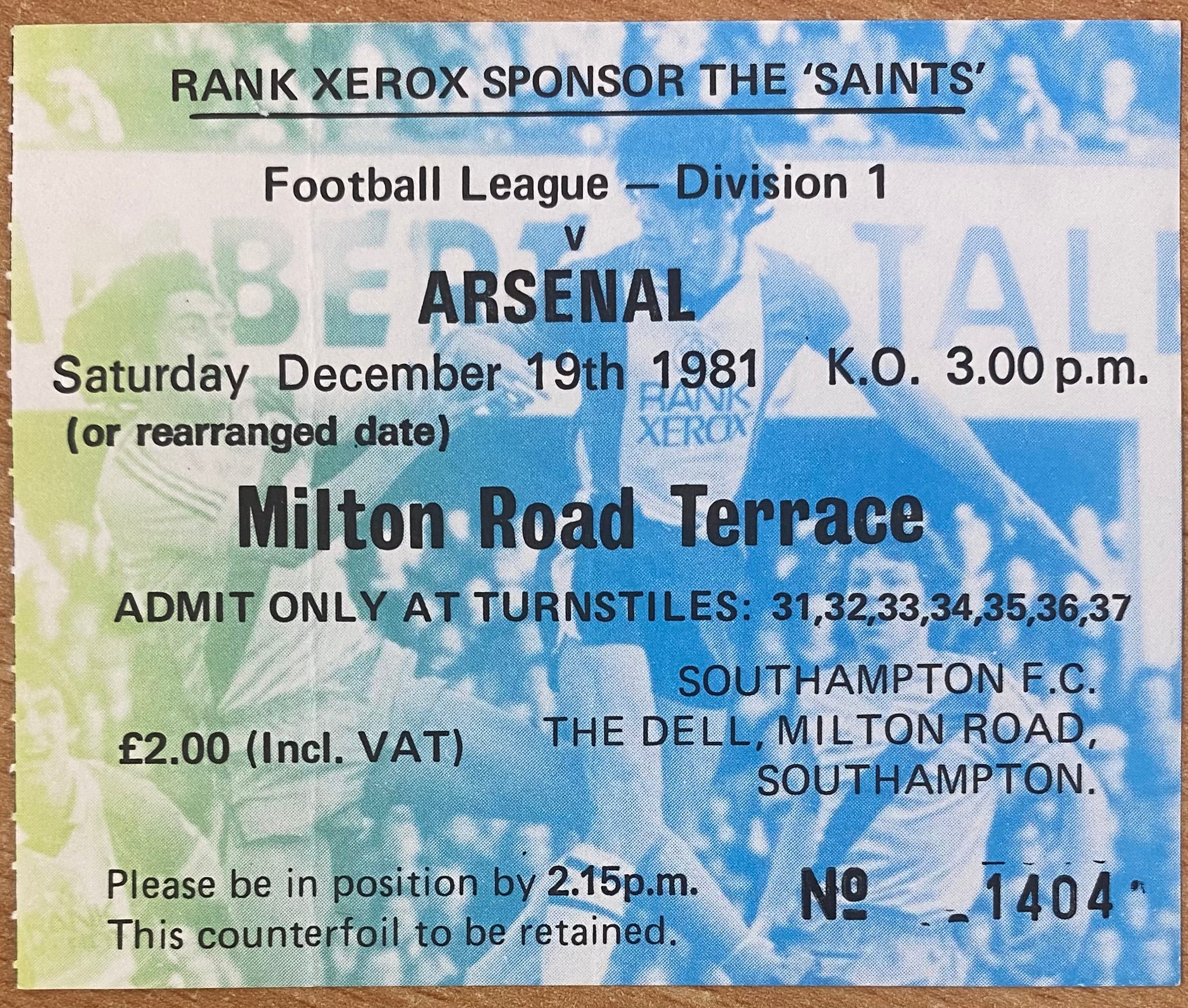1981/82 ORIGINAL DIVISION ONE TICKET SOUTHAMPTON V ARSENAL