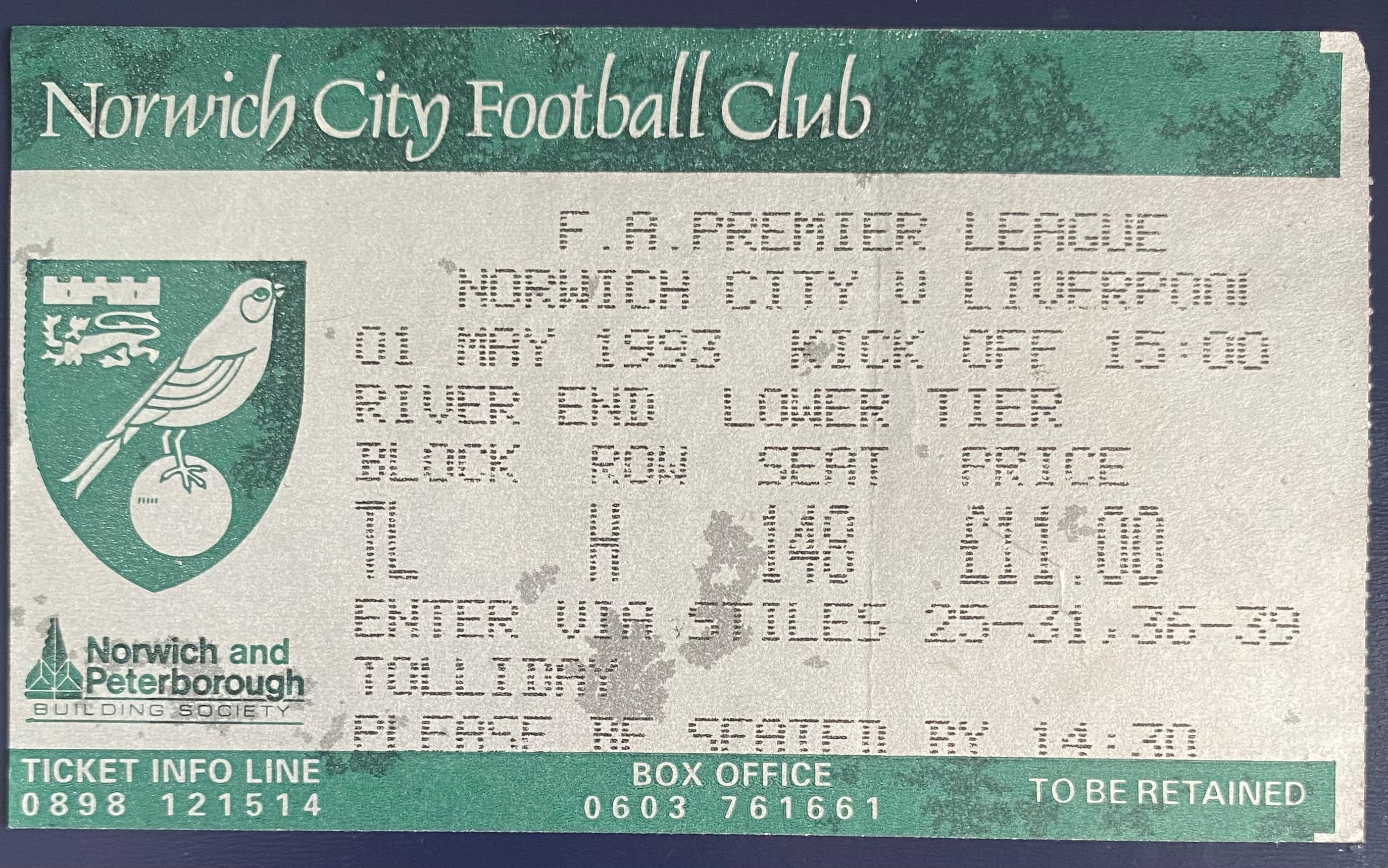 1992/93 ORIGINAL FA PREMIER LEAGUE TICKET NORWICH CITY V LIVERPOOL