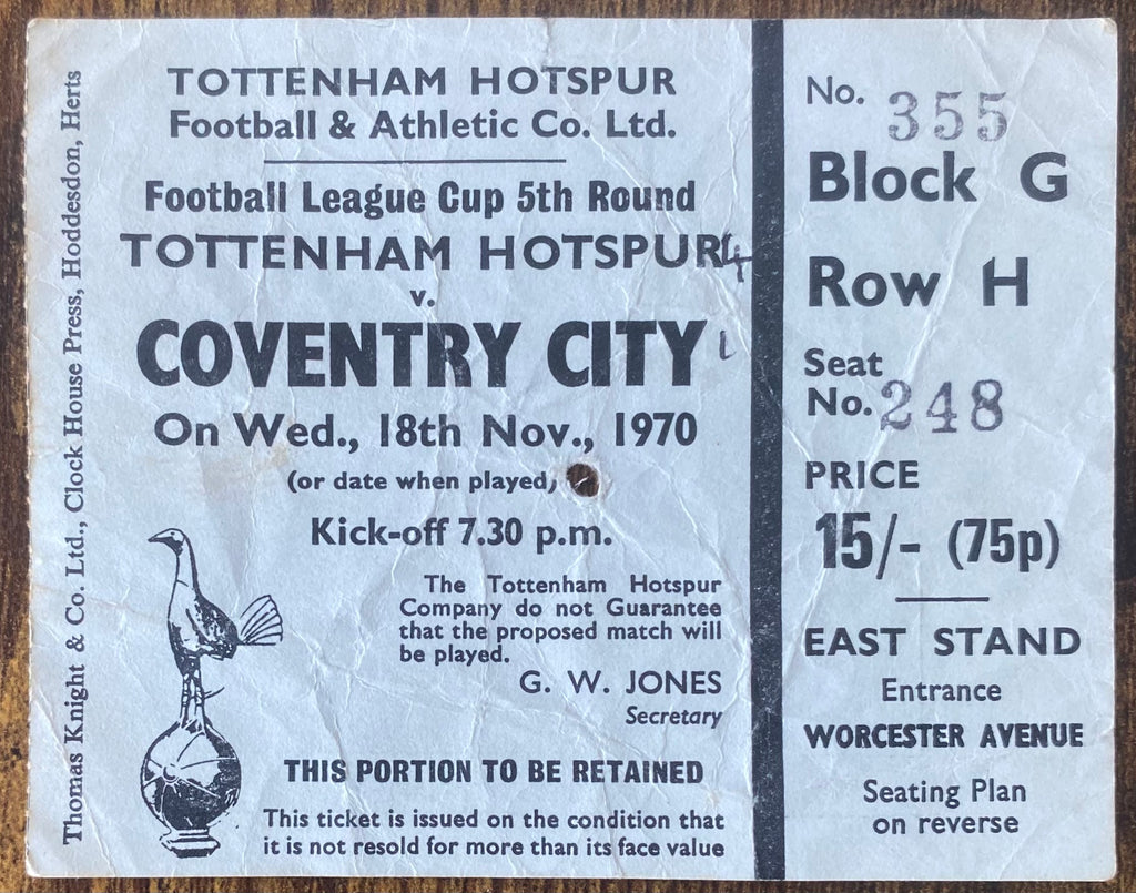 1970/71 ORIGINAL DIVISION ONE TICKET TOTTENHAM HOTSPUR V COVENTRY CITY