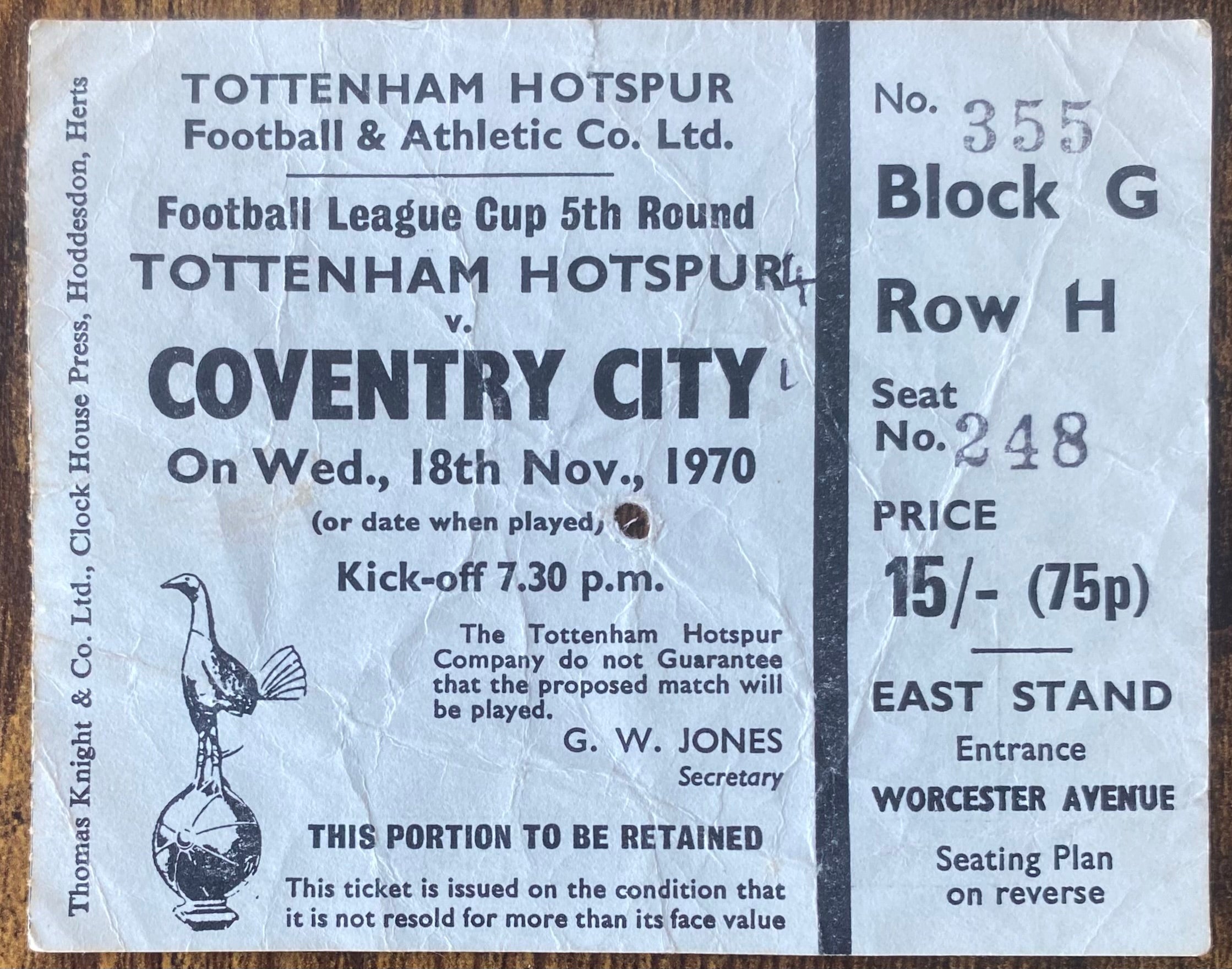 1970/71 ORIGINAL DIVISION ONE TICKET TOTTENHAM HOTSPUR V COVENTRY CITY