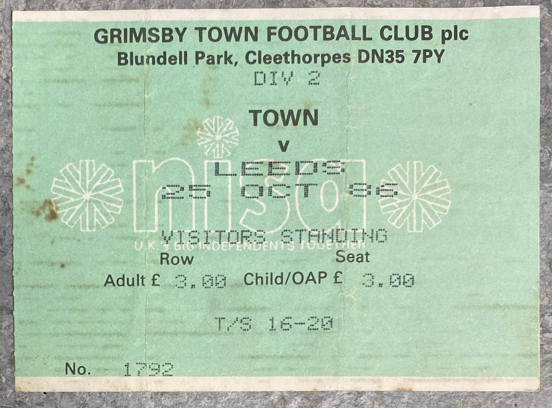 1986/87 ORIGINAL DIVISION TWO TICKET GRIMSBY TOWN V LEEDS UNITED