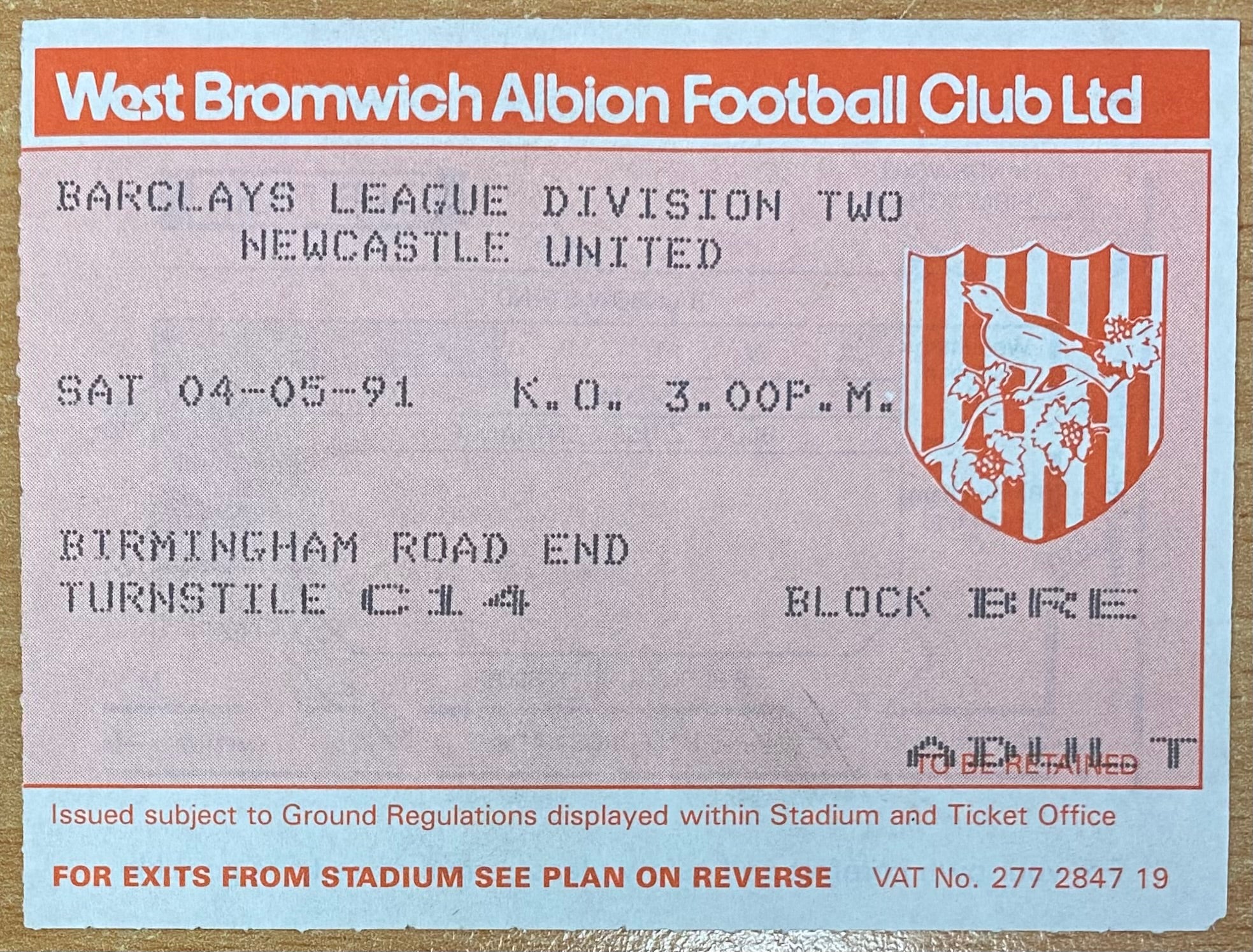 1990/91 ORIGINAL DIVISION 2 TICKET WEST BROMWICH ALBION V NEWCASTLE UNITED