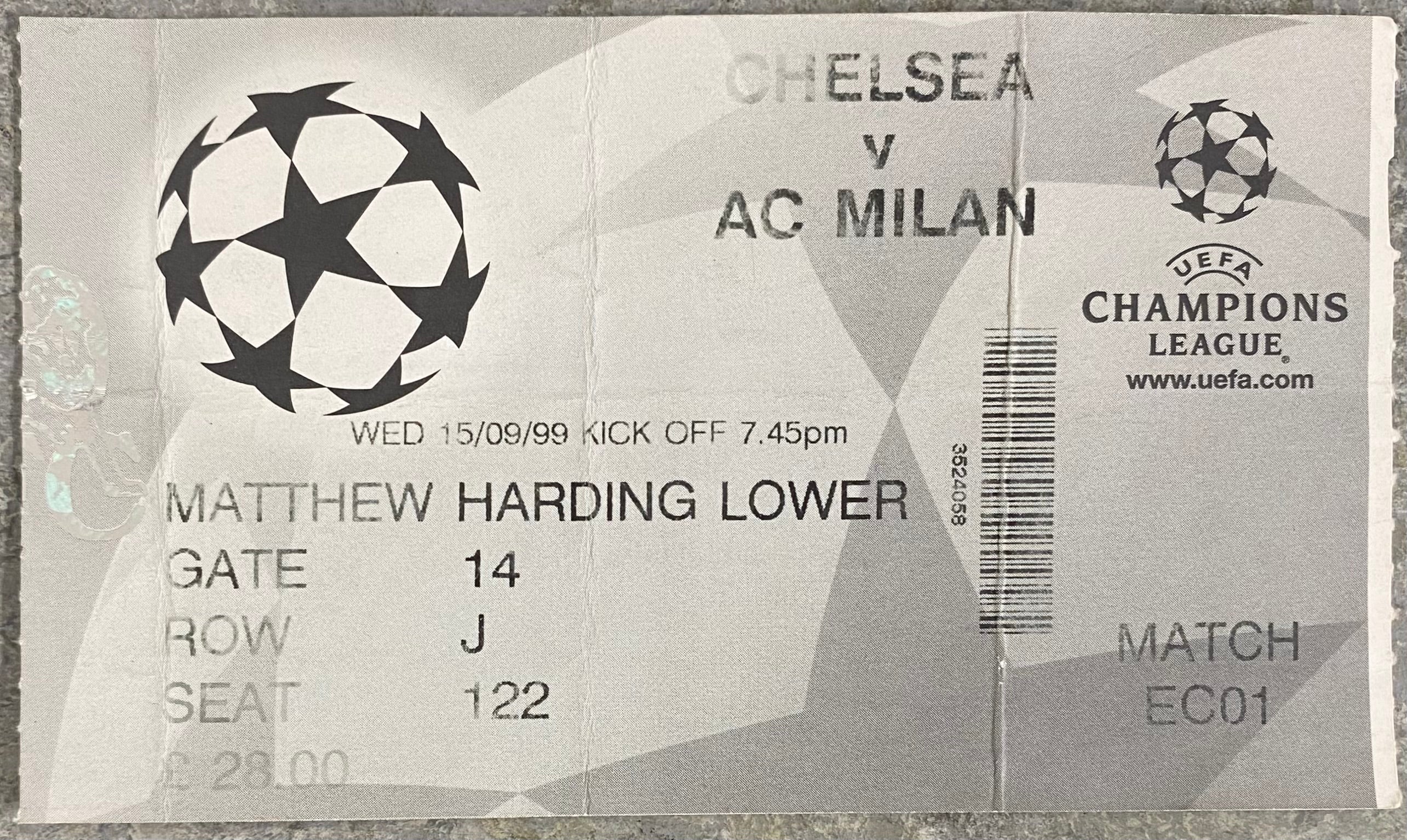 1999/2000 ORIGINAL CHAMPIONS LEAGUE GROUP H TICKET CHELSEA V AC MILAN