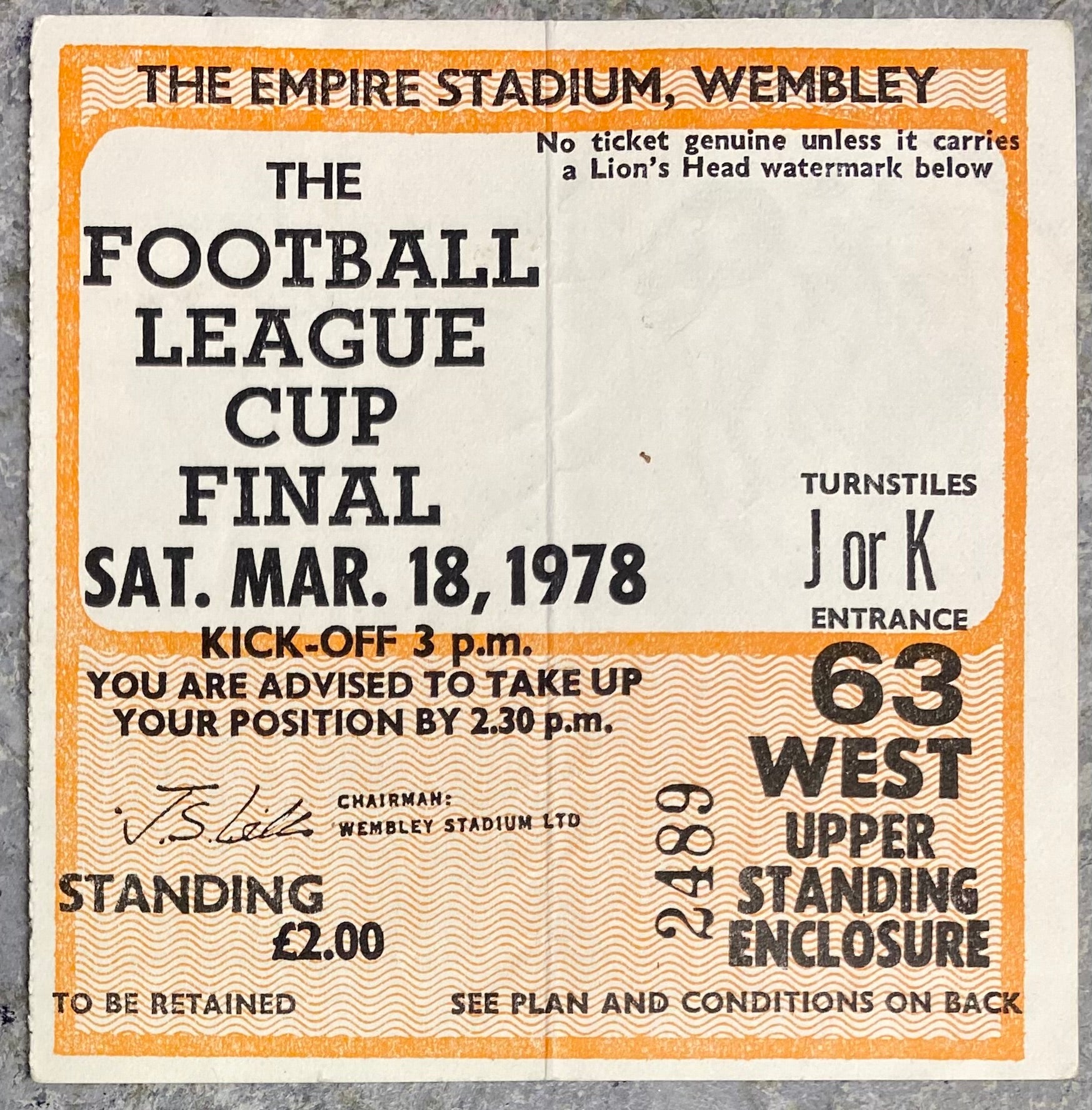 1978 ORIGINAL LEAGUE CUP FINAL TICKET LIVERPOOL V NOTTINGHAM FOREST