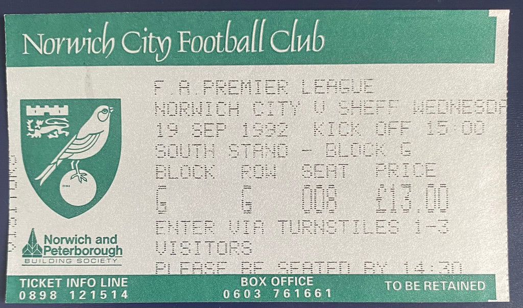 1992/93 ORIGINAL FA PREMIER LEAGUE TICKET NORWICH CITY V SHEFFIELD WEDNESDAY