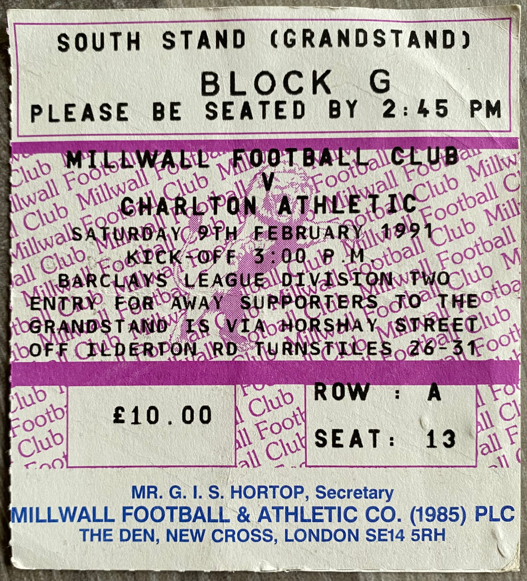 1990/91 ORIGINAL DIVISION 2 TICKET MILLWALL V CHARLTON ATHLETIC