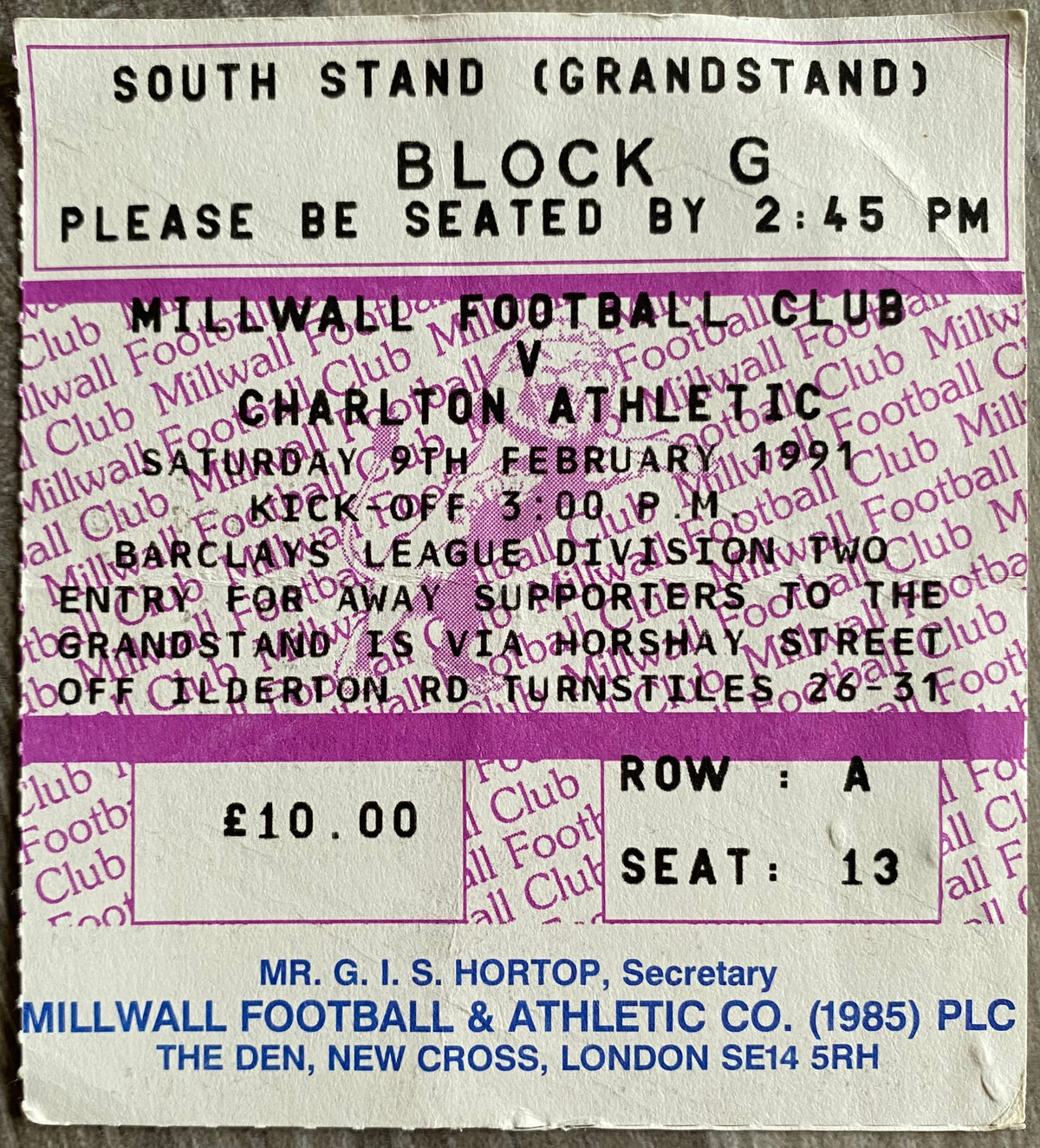 1990/91 ORIGINAL DIVISION 2 TICKET MILLWALL V CHARLTON ATHLETIC