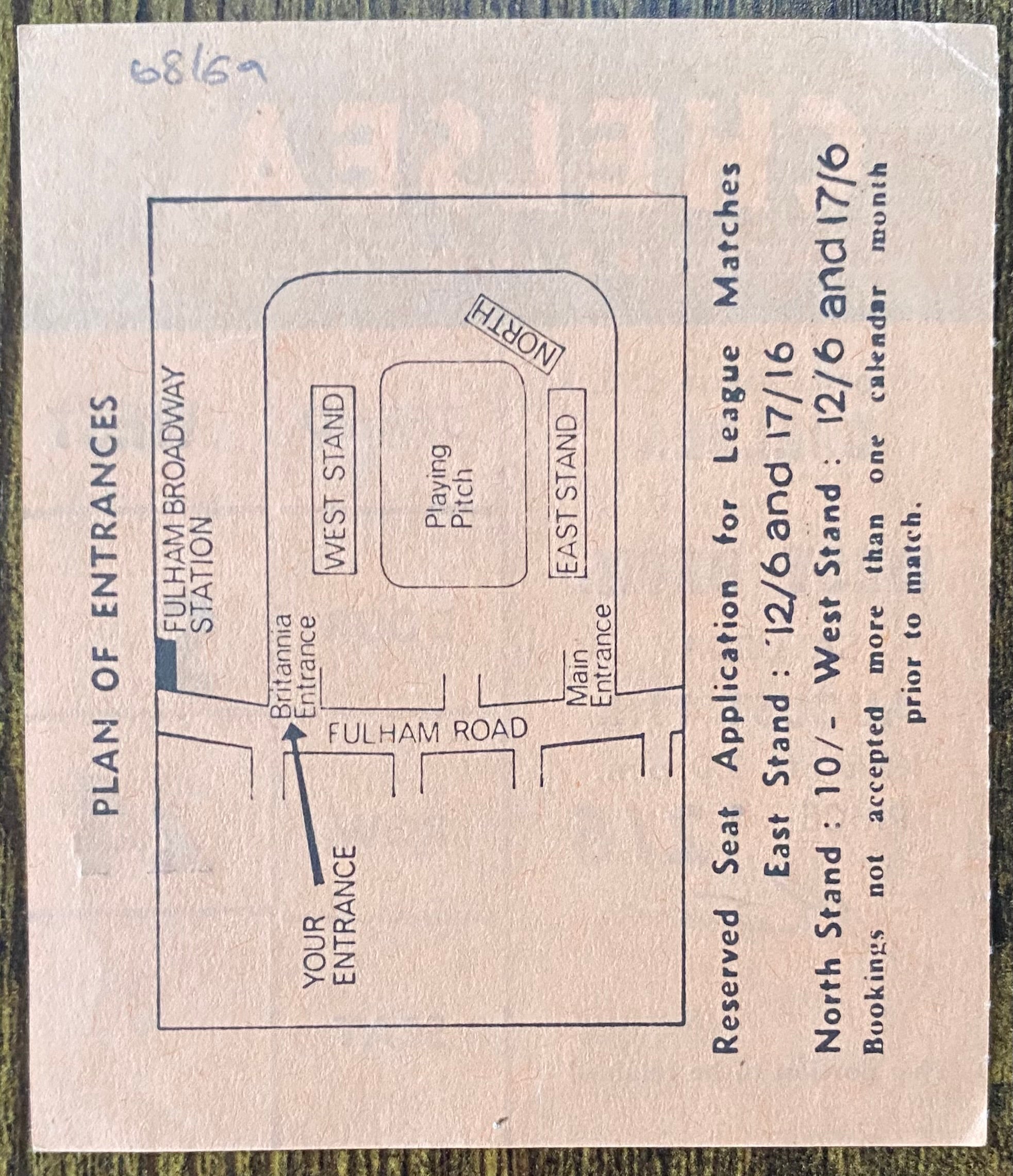 1968/69 ORIGINAL  DIVISION 1 TICKET CHELSEA V WEST BROMWICH ALBION