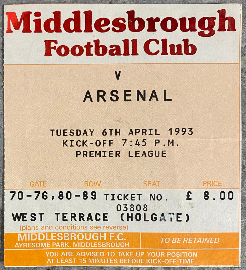 1992/93 ORIGINAL PREMIER LEAGUE TICKET MIDDLESBROUGH V ARSENAL