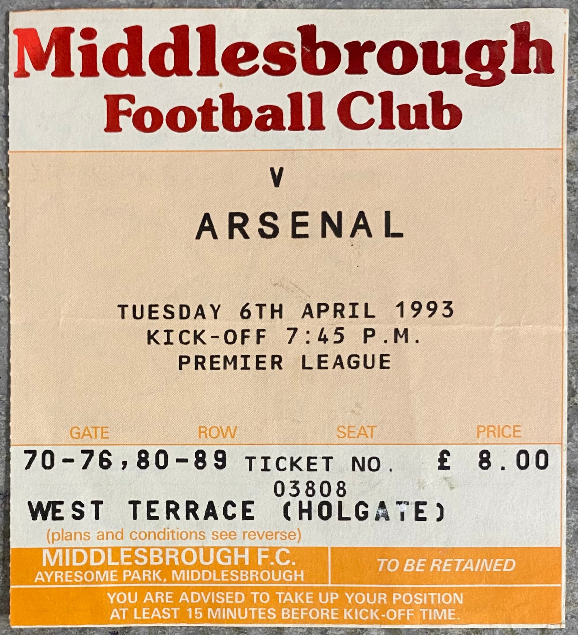 1992/93 ORIGINAL PREMIER LEAGUE TICKET MIDDLESBROUGH V ARSENAL