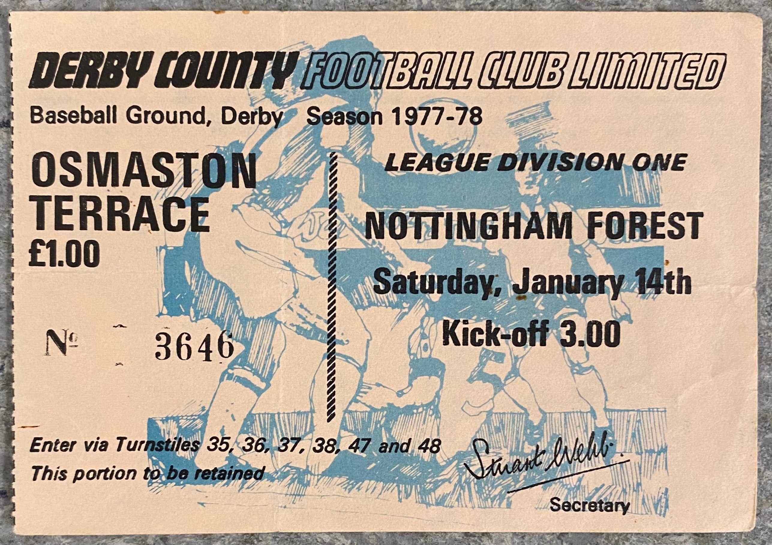1977/78 ORIGINAL DIVISION 1 TICKET DERBY COUNTY V NOTTINGHAM FOREST