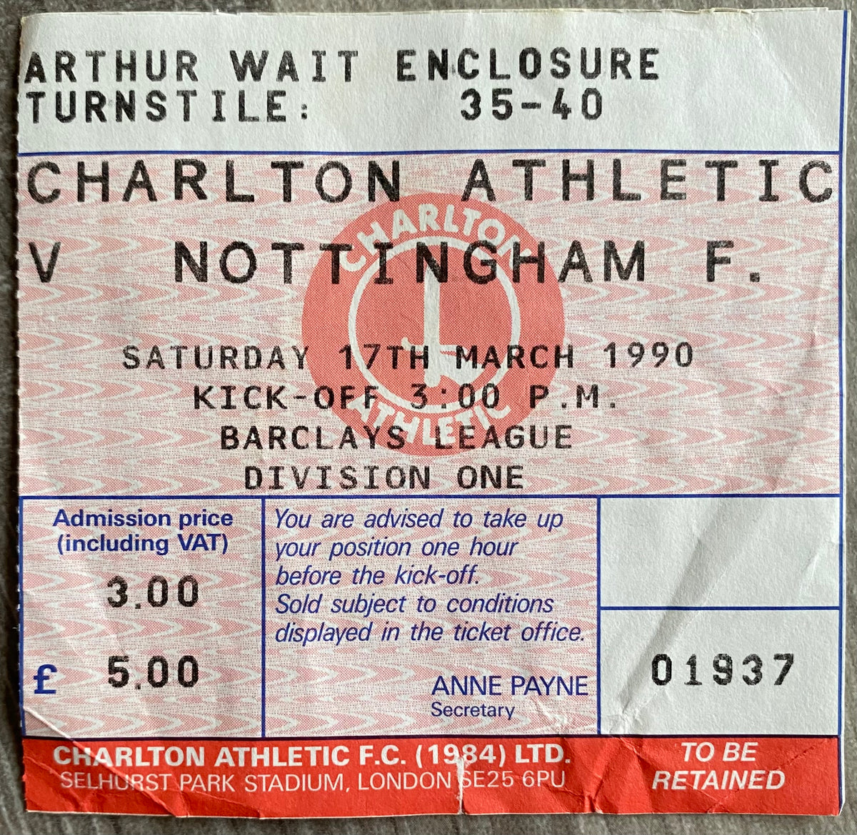 1989/90 ORIGINAL DIVISION ONE TICKET CHARLTON ATHLETIC V NOTTINGHAM FOREST