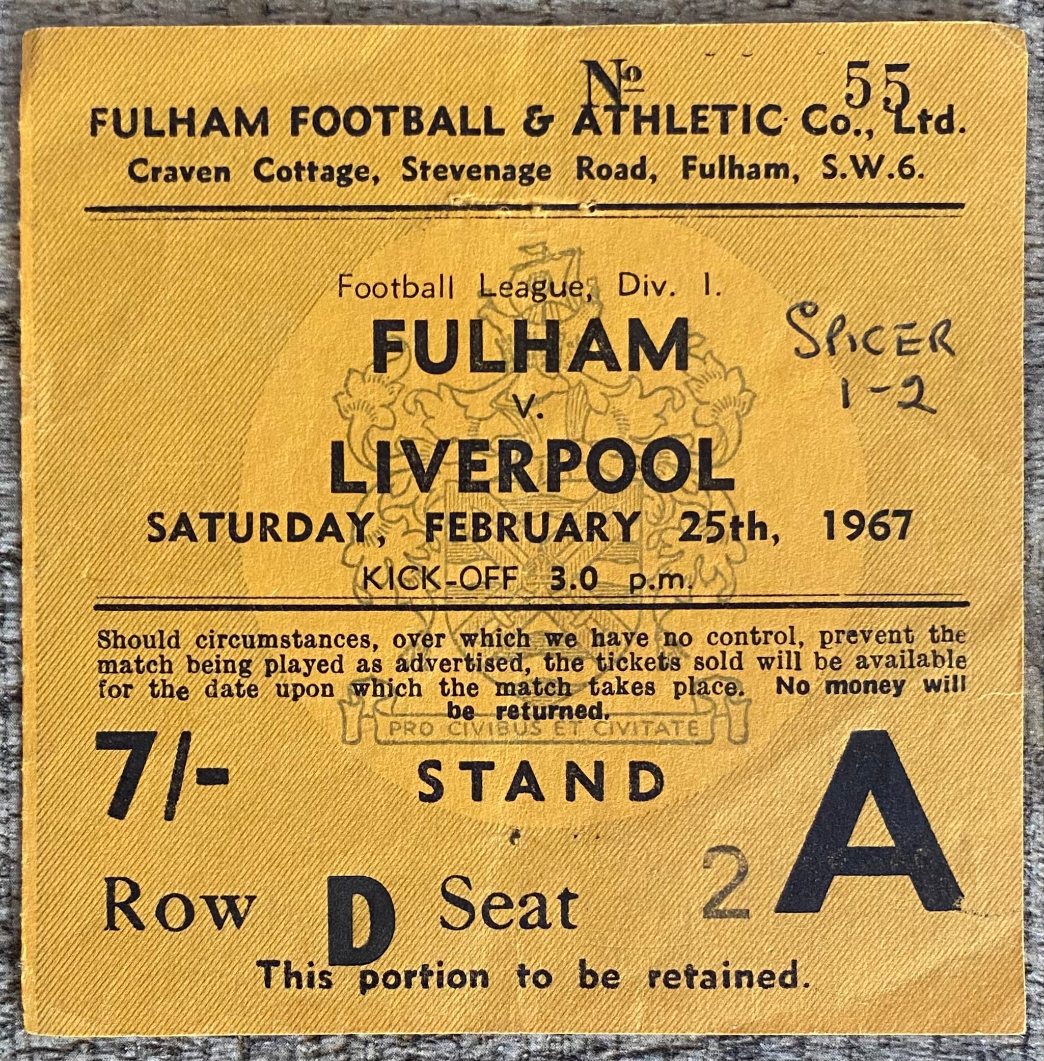 1966/67 ORIGINAL DIVISION 1 TICKET FULHAM V LIVERPOOL