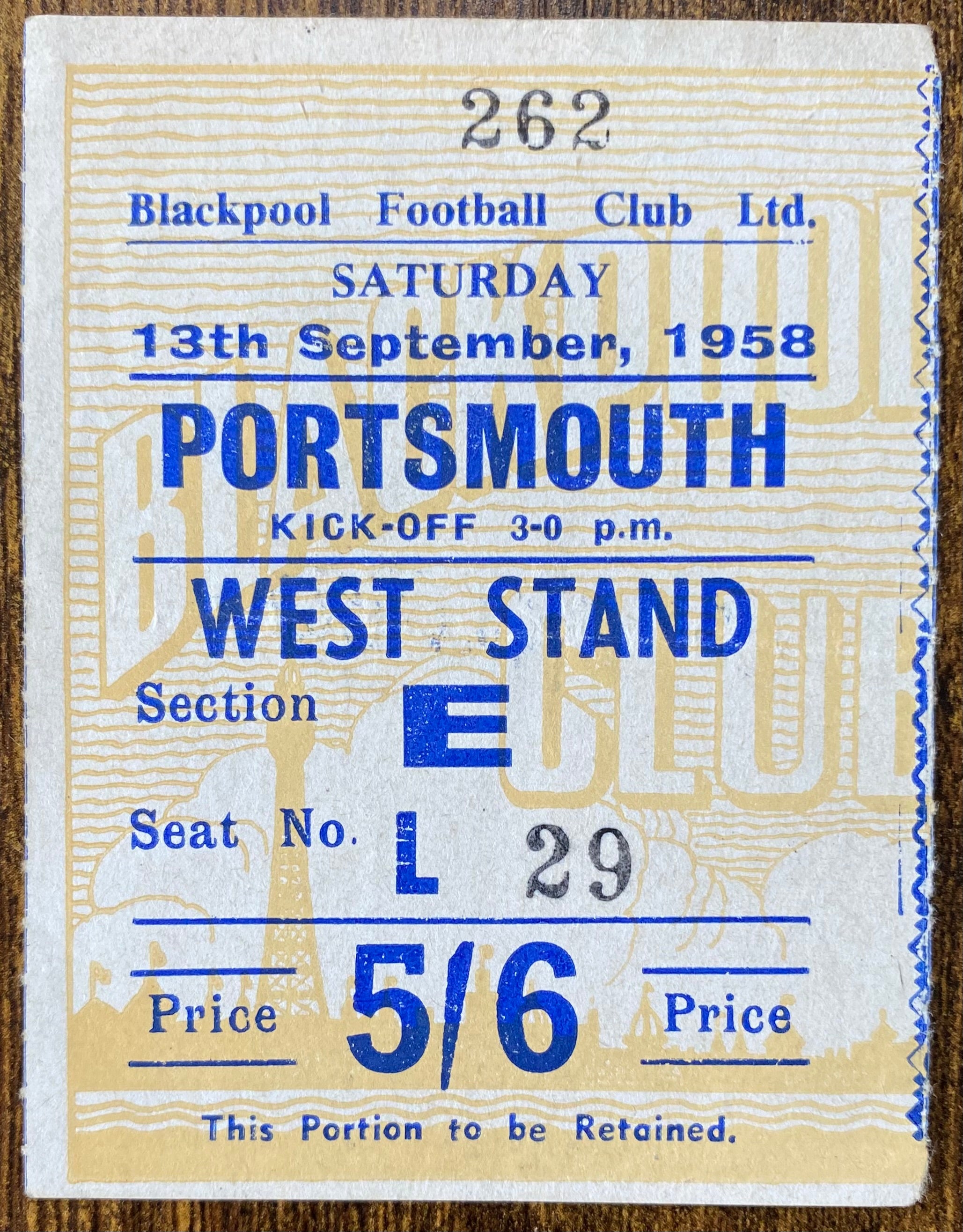 1958/59 ORIGINAL DIVISION 1 TICKET BLACKPOOL V PORTSMOUTH